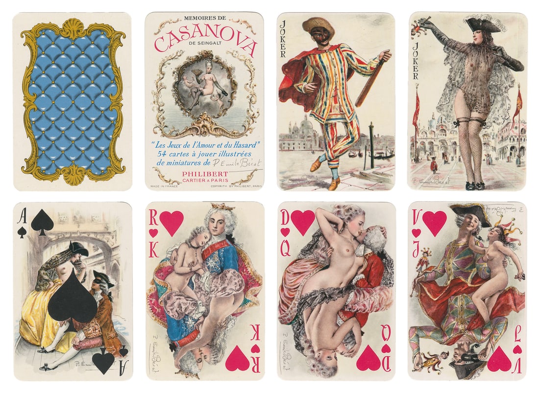 Philibert “Memoires De Casanova” Pack of Playing Cards. Par...: Philibert “Memoires De Casanova” Pack of Playing Cards. Paris, ca. 1960. 52 + 2J + Title Card. An erotic pack of cards designed by Emile Becat. In original Perspex box. Fournier (156)