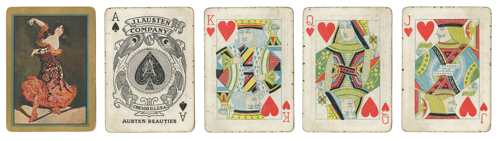 J.I. Austen Beauties No. 505 Playing Cards. Chicago, ca. 18...: J.I. Austen Beauties No. 505 Playing Cards. Chicago, ca. 1895. 52 + J + OB. Scattered corner wear and rubbing to faces. Sample card mounted to box. One of two back designs for this scarce deck.