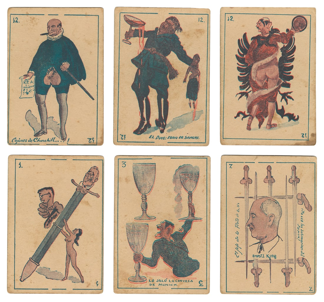 Cuban World War II erotic satire deck of cards. Cuba, ca. 1...: Cuban World War II erotic satire deck of cards. Cuba, ca. 1940s. 34 (of 48?). Color offset printed cards with erotic satirical illustrations of World War II military and political leaders including