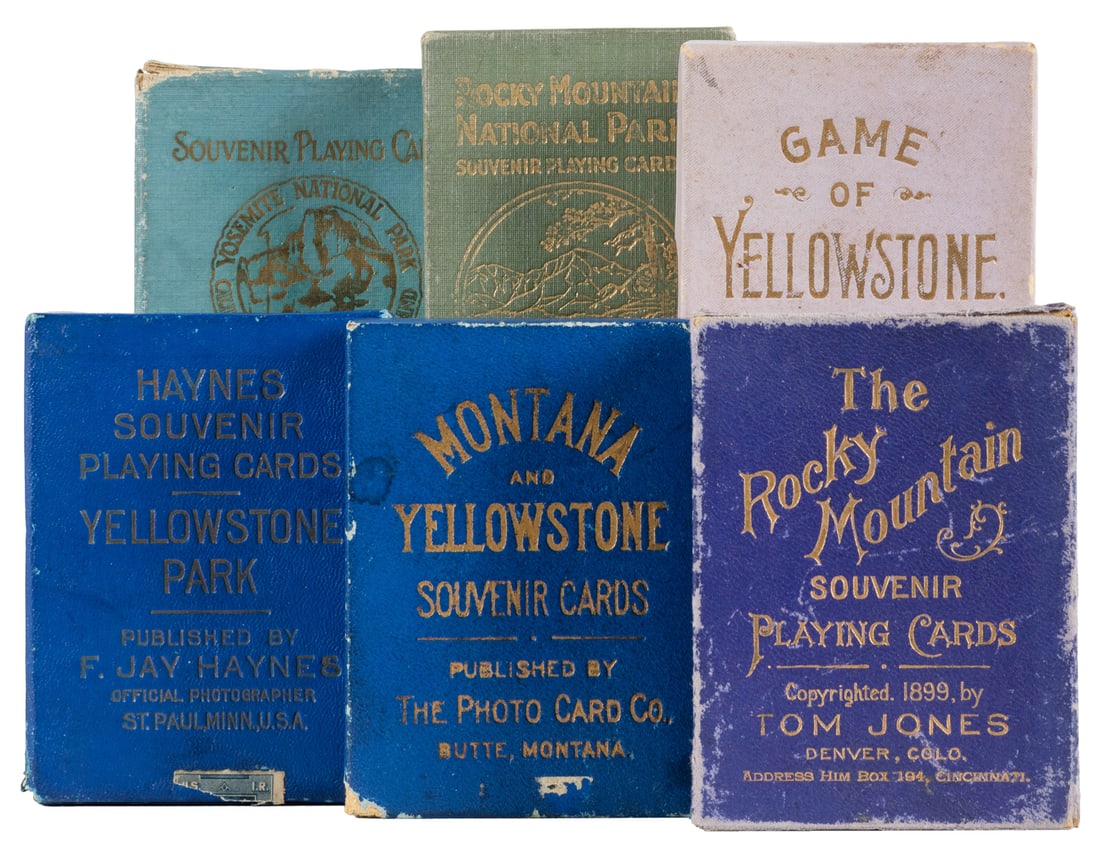 [NATIONAL PARKS]. Group of 6 packs of playing cards. V.p., ...: [NATIONAL PARKS]. Group of 6 packs of playing cards. V.p., ca. 1890s-1900s. Including: Haynes Souvenir Playing Cards/Yellowstone Park; Yosemite National Park Souvenir Playing Cards; Rocky Mountain