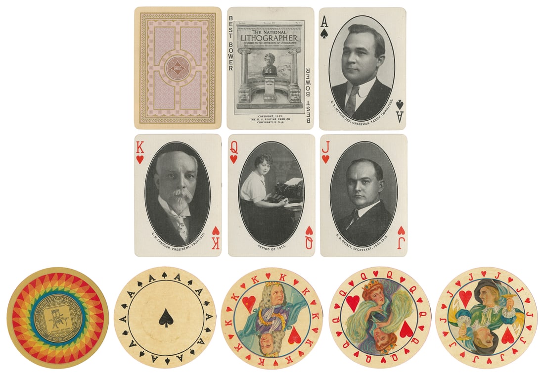 [LITHOGRAPHY]. NAEL Playing Cards. Cincinnati: USPC, 1915. ...: [LITHOGRAPHY]. NAEL Playing Cards. Cincinnati: USPC, 1915. 52 + Best Bower, original box (one side of outer slipcase missing). A souvenir deck for the National Association of Employing Lithographers,