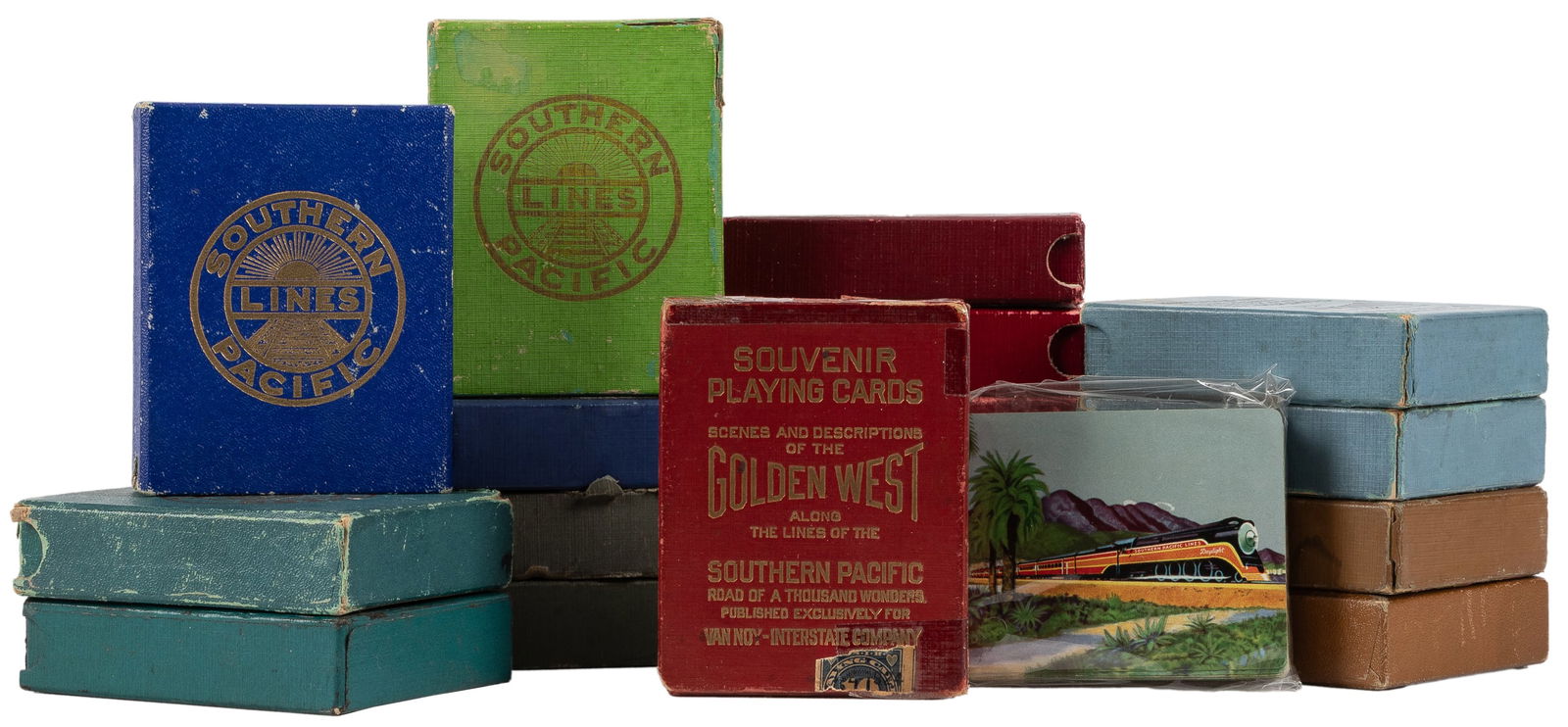 [RAILROAD – SOUVENIR]. Collection of 18 Southern Pacific Li...: [RAILROAD – SOUVENIR]. Collection of 18 Southern Pacific Lines souvenir playing card decks. Includes 15 Souvenir Playing Cards of the Sunset, Overland, Golden State and Shasta Routes decks; and