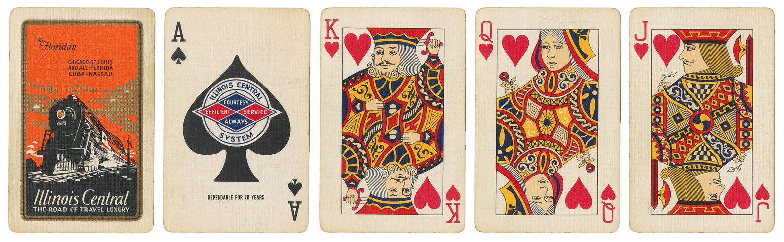 Illinois Central Floridan Railroad playing cards. Circa 193...: Illinois Central Floridan Railroad playing cards. Circa 1930. Pack of 52 cards for the Floridan, a seasonal Illinois Central Pullman route to Florida. Custom Ace of Spades. Light handling wear and min