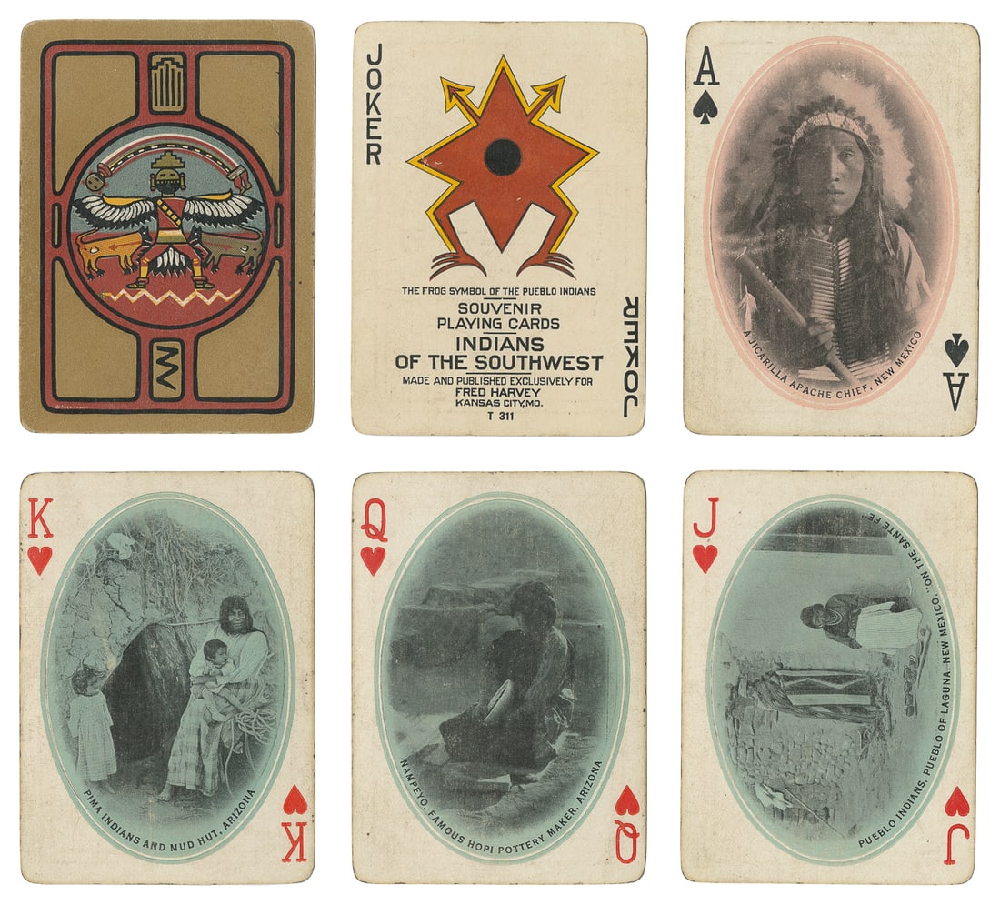 Indians of the Southwest Souvenir Playing Cards. Kansas Cit...: Indians of the Southwest Souvenir Playing Cards. Kansas City: Fred Harvey, ca. 1912. 52 + J + booklet. Box worn; sample card mounted to side. With the 16-page publisher’s booklet. Oval vignette