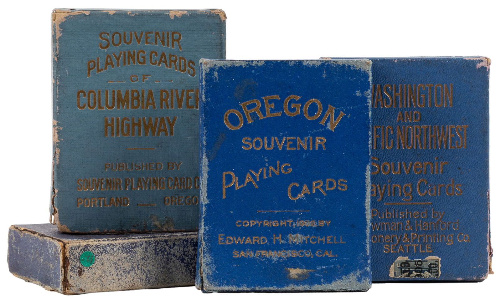 [PACIFIC NORTHWEST]. Group of 4 souvenir decks. Including: ...: [PACIFIC NORTHWEST]. Group of 4 souvenir decks. Including: Oregon Souvenir Playing Cards (San Francisco: Edward Mitchell, 1902), 52 + J + EC + OB, gilt edges; Washington and Pacific Northwest Souvenir