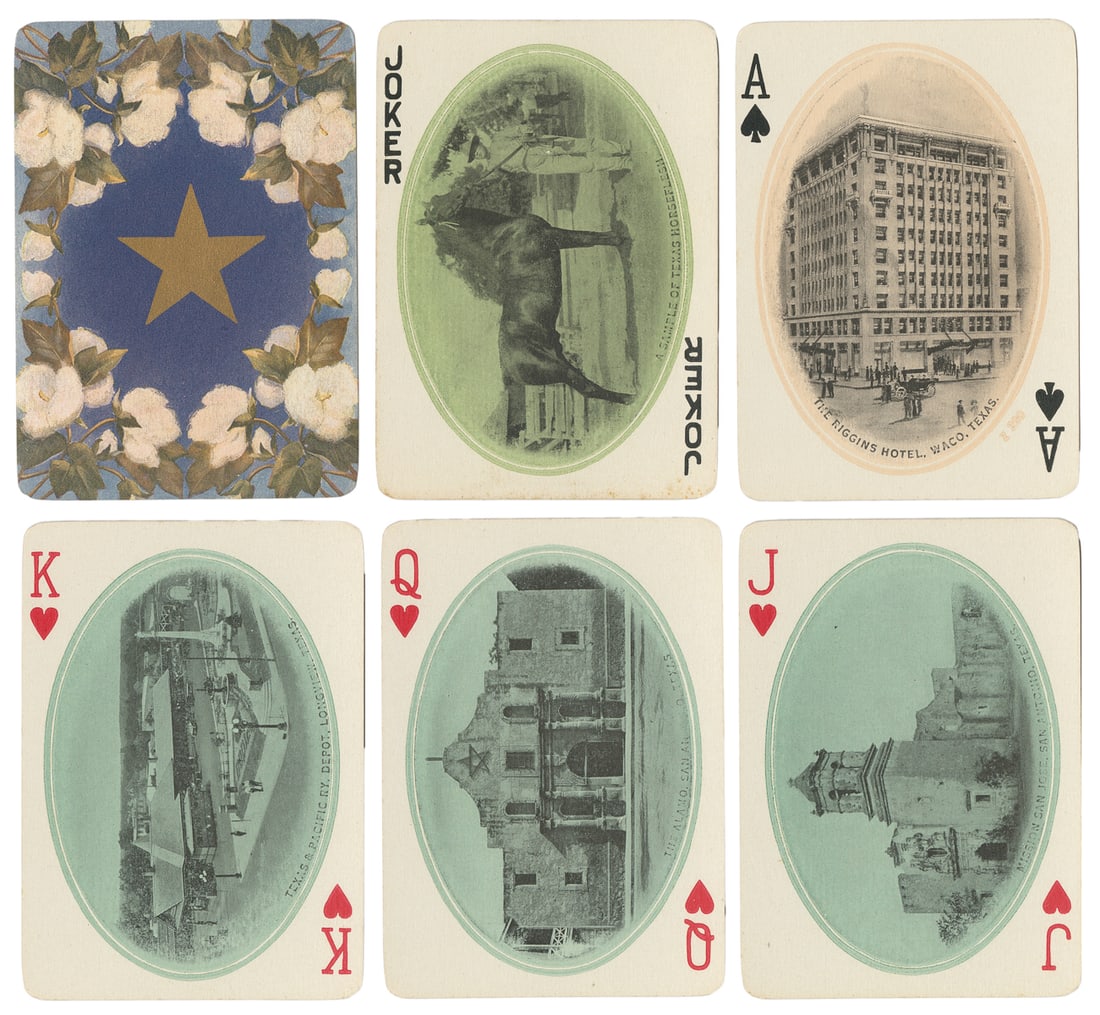 Texas Souvenir Playing Cards. Van Noy Interstate, ca. 1900....: Texas Souvenir Playing Cards. Van Noy Interstate, ca. 1900. 52 + J + OB. Gilt edges. Original slipcase lettered in gilt with sample card affixed to side. Oval halftones of the people, places, and sigh