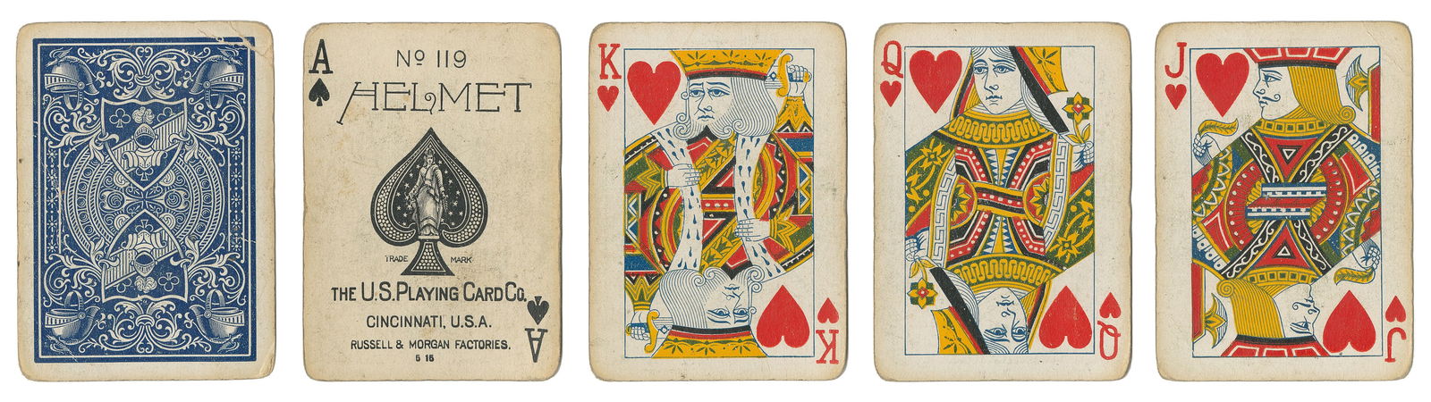 USPC Helmet No. 119 Playing Cards. Cincinnati: USPC/Russell...: USPC Helmet No. 119 Playing Cards. Cincinnati: USPC/Russell & Morgan, ca. 1908. 52 + J + OB. Box worn. Backs blue with knight’s armor and helmets. Hochman US33.