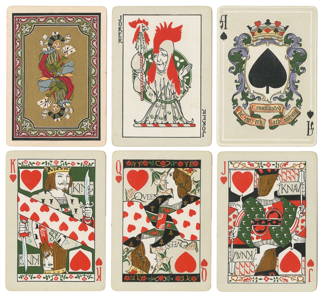New York Consolidated Card Co. “Mediaeval” Playing Cards. N...: New York Consolidated Card Co. “Mediaeval” Playing Cards. New York, ca. 1897. 52 + J + OB. Backs printed in five colors and enhanced in gilt. All edges gilt. which Hochman describes as the