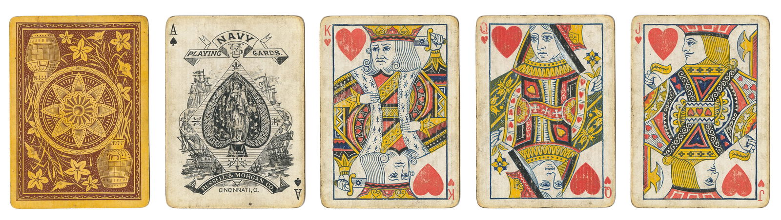 Russell & Morgan Navy #303 Playing Cards. Cincinnati: Russe...: Russell & Morgan Navy #303 Playing Cards. Cincinnati: Russell & Morgan, ca. 1883. 52 + J + OB. Red cloth slipcase box stamped in black. Tipsy sailor joker. Backs yellow and brown with double-ended flo