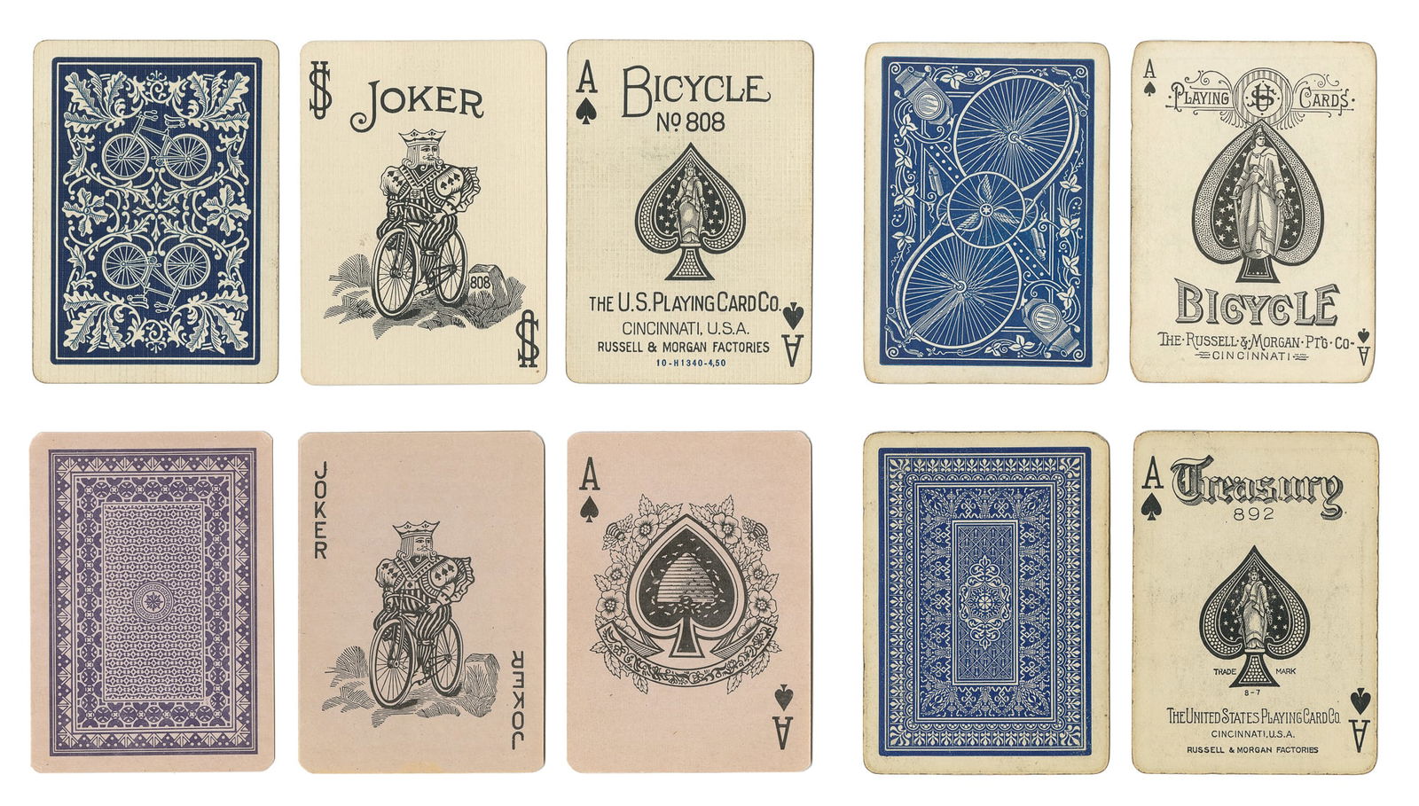Group of 7 vintage Bicycle and Russell & Morgan playing car...: Group of 7 vintage Bicycle and Russell & Morgan playing card decks. Including: Safety Back (blue back; with joker); Expert Back (incomplete, but with joker, lacks ace of spades); Treasury 892 (in a Bi