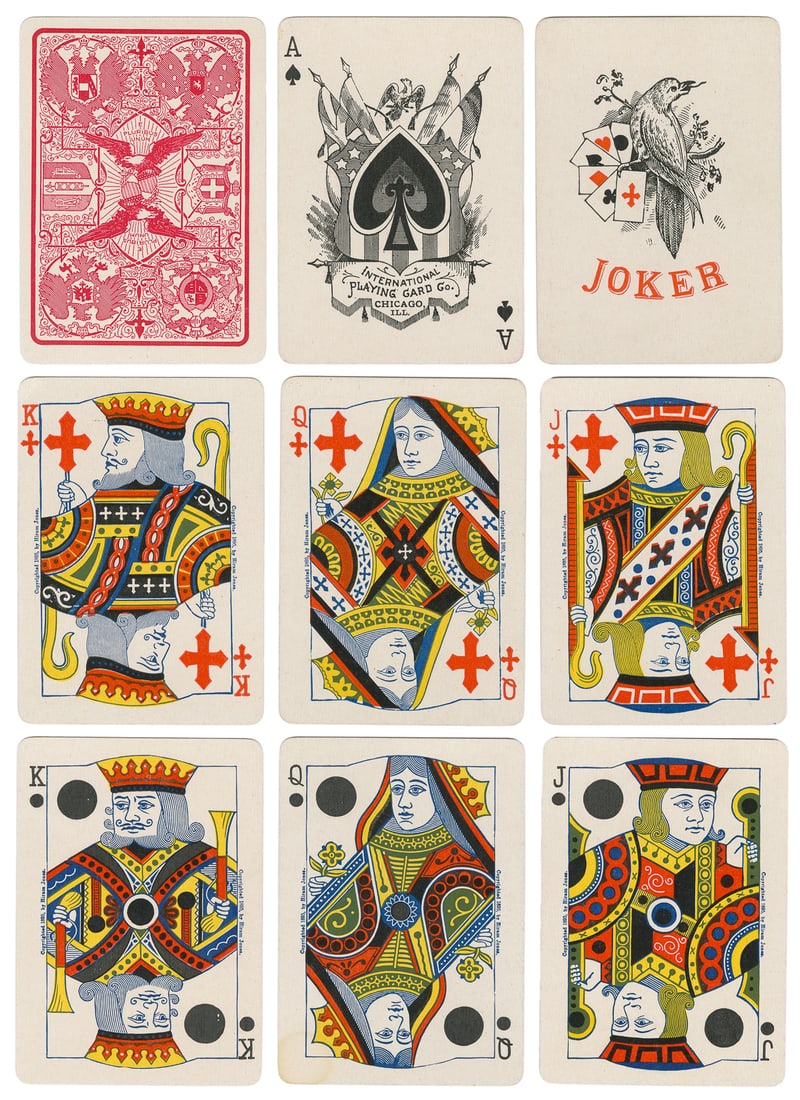 International Playing Cards No. 80 Six Suits. Chicago: Inte...: International Playing Cards No. 80 Six Suits. Chicago: International Playing Card Co./Hiram Jones, 1895. Complete deck of 78, plus joker, explanatory card, and box (box separated into four detached pa