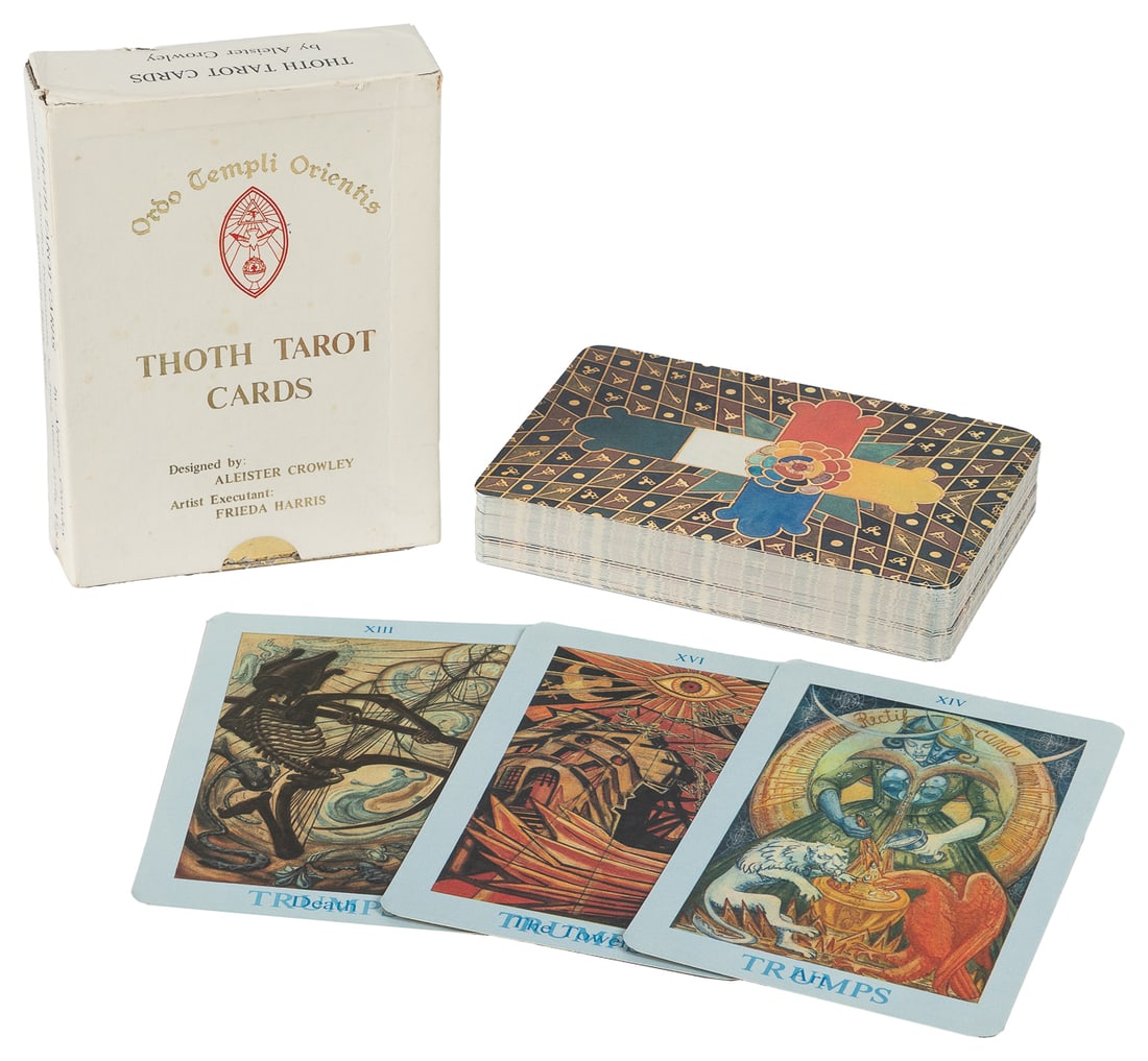 CROWLEY, Aleister. Thoth Tarot Cards. St. Paul: Llewellyn P...: CROWLEY, Aleister. Thoth Tarot Cards. St. Paul: Llewellyn Publications, ca. 1970s. Complete pack of 78 cards, plus title card, and original slipcase box. 5 ½ x 3 ¼”. Minor corner dings