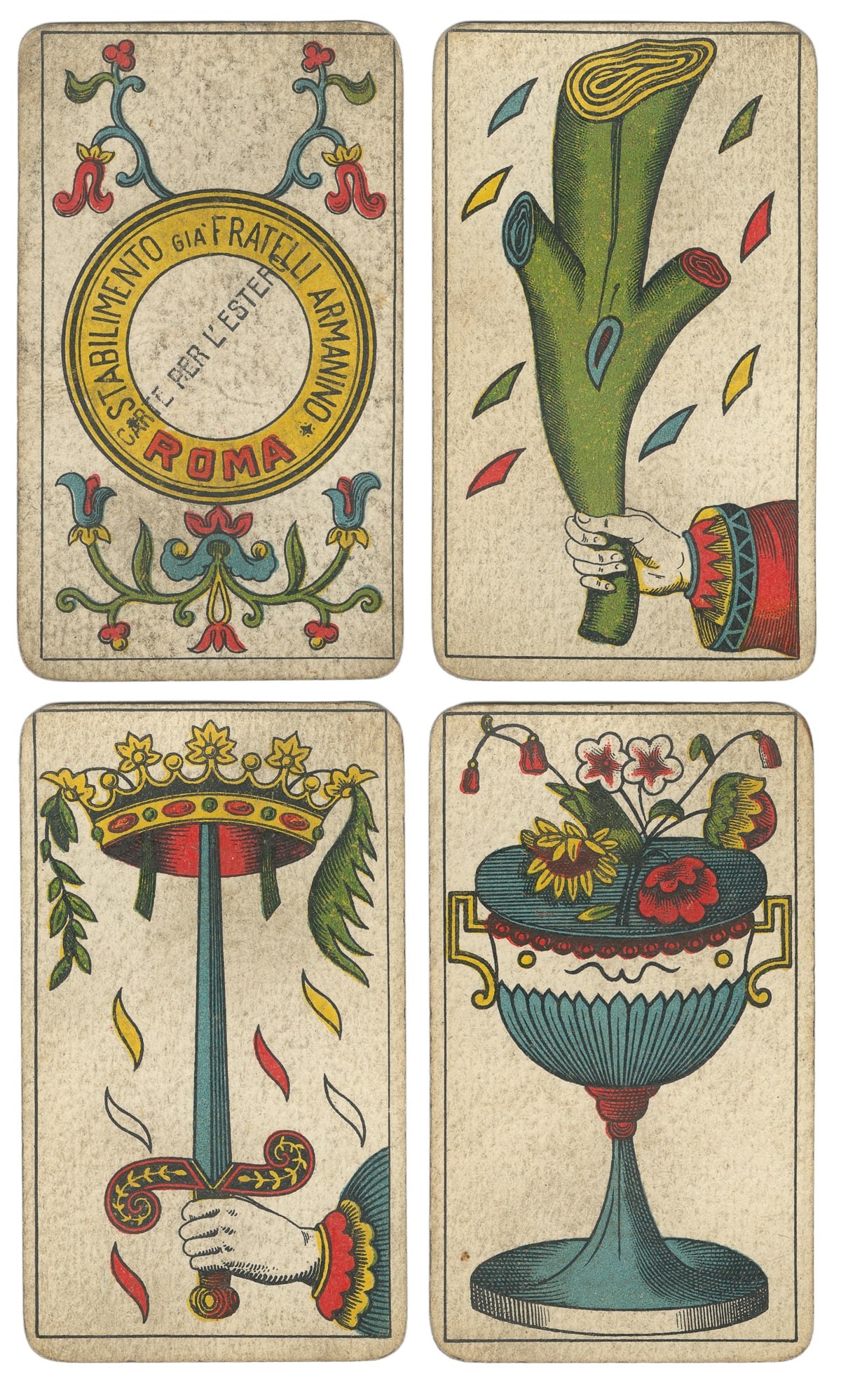 Fratelli Armanino Italian Tarot cards. Rome: Fratelli Arman...: Fratelli Armanino Italian Tarot cards. Rome: Fratelli Armanino, ca. early 20th century. Complete pack of 78 cards for the Piemontese tarot pack. Double-ended figures. Rounded corners; light soiling ov