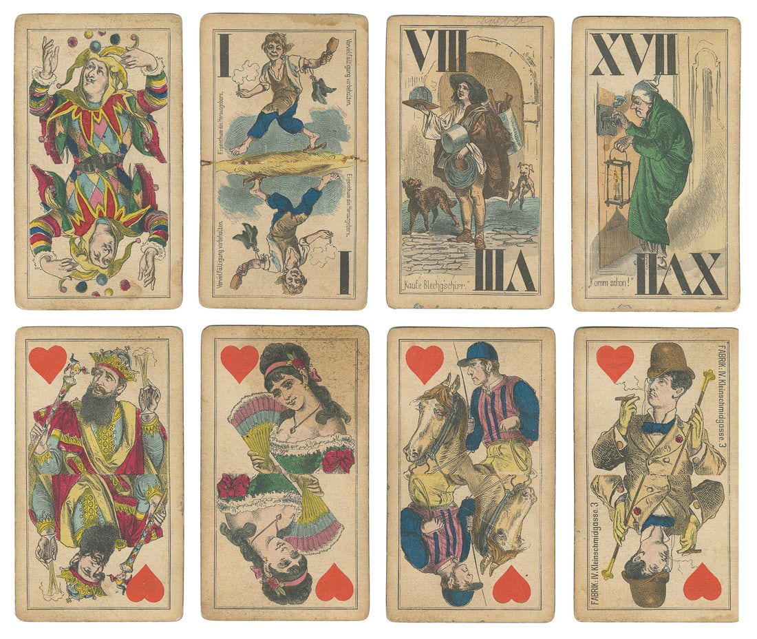 Josef Glanz Austrian Tarock cards. Vienna: Josef Glanz, ca....: Josef Glanz Austrian Tarock cards. Vienna: Josef Glanz, ca. 1875. 53 of 54 (lacking AH). 4 ½ x 2 ½”. Backs blue diamond pattern. Scattered soiling from handling; trumps I with rubber b