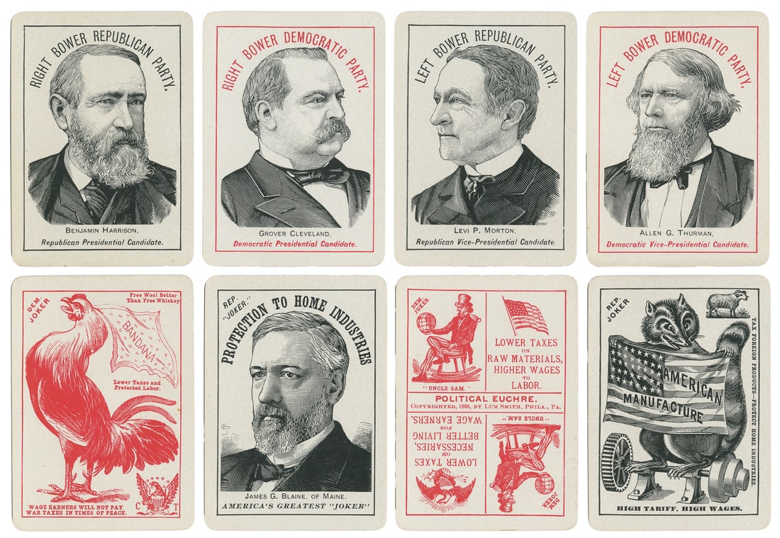 Political Euchre. Philadelphia: L. Lum Smith, 1888. Complet...: Political Euchre. Philadelphia: L. Lum Smith, 1888. Complete deck of 52, plus four jokers. Deck consists of 48 cards representing U.S. states and territories including their electoral votes and sittin