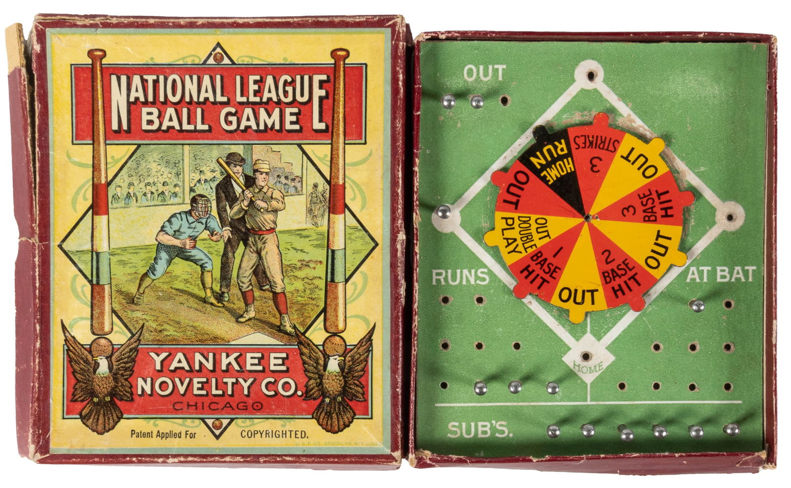[BASEBALL]. National League Ball Game. Chicago: Yankee Nove...: [BASEBALL]. National League Ball Game. Chicago: Yankee Novelty Co., ca. 1890s. Small boxed baseball game with original lithographed label. Includes metal spinner denoting outs, hits, strikes, home run