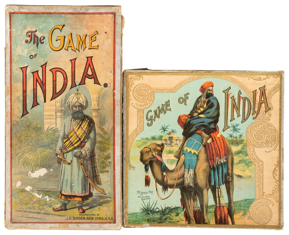 The Game of India. Two versions of the Pachisi-style game, ...: The Game of India. Two versions of the Pachisi-style game, by J.H. Singer, and McLoughlin Bros, both with beautifully lithographed covers. Both incomplete, containing only boxes and game boards. Wear