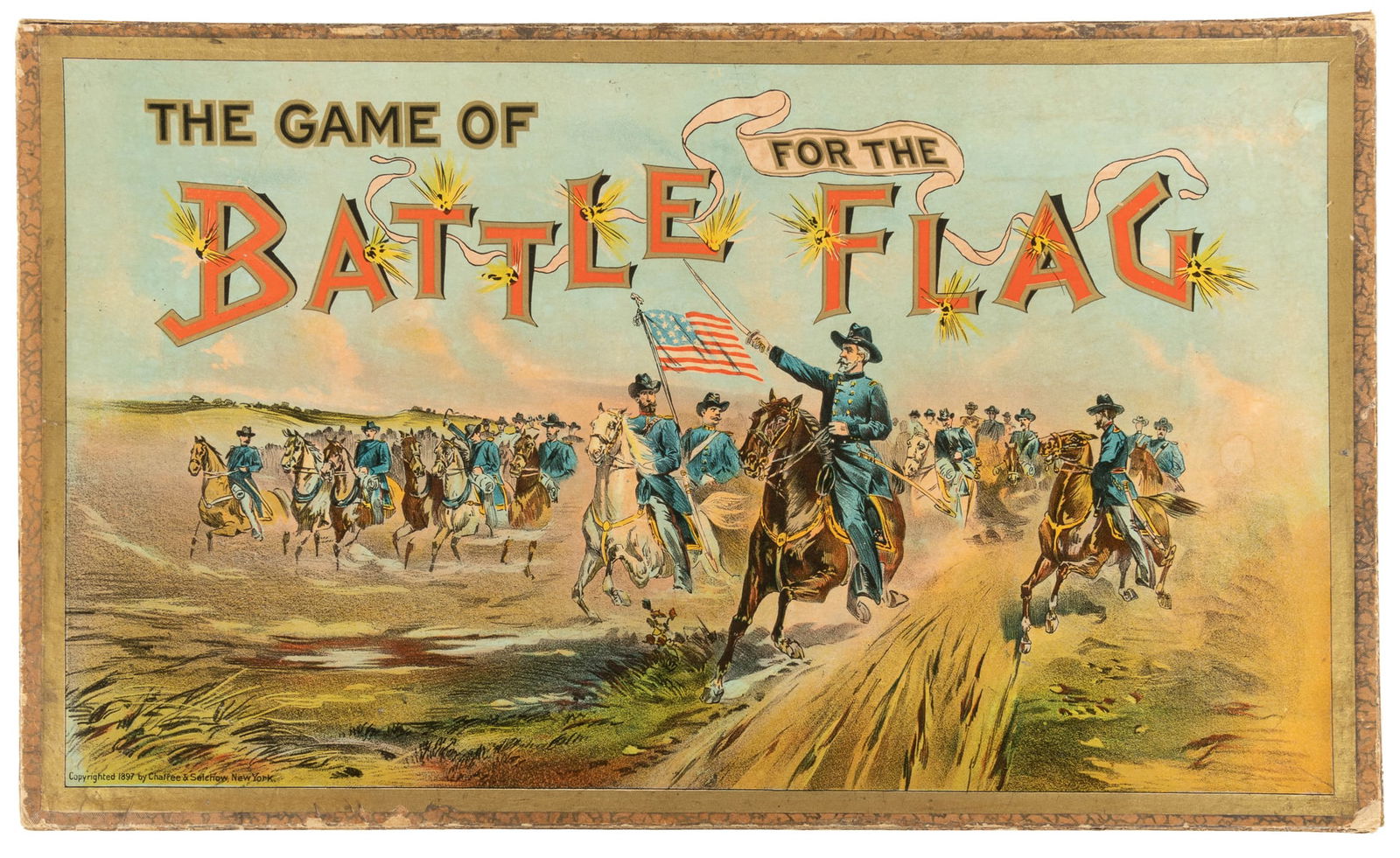 The Game of Battle for the Flag. New York: The Chaffee & Se...: The Game of Battle for the Flag. New York: The Chaffee & Selchow Manufacturing Co., 1897. Fighting checkers-style inset game board, complete with blue and gray-backed game pieces. Lithographed cover a