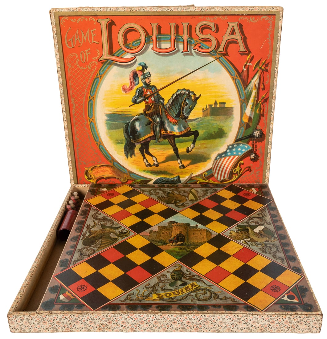 Game of Louisa. New York: McLoughlin Bros., ca. 1888. Bold ...: Game of Louisa. New York: McLoughlin Bros., ca. 1888. Bold chromolithographed cover depicts a knight on horseback holding a jousting lance. Includes built-in game board, four wooden playing pieces, a