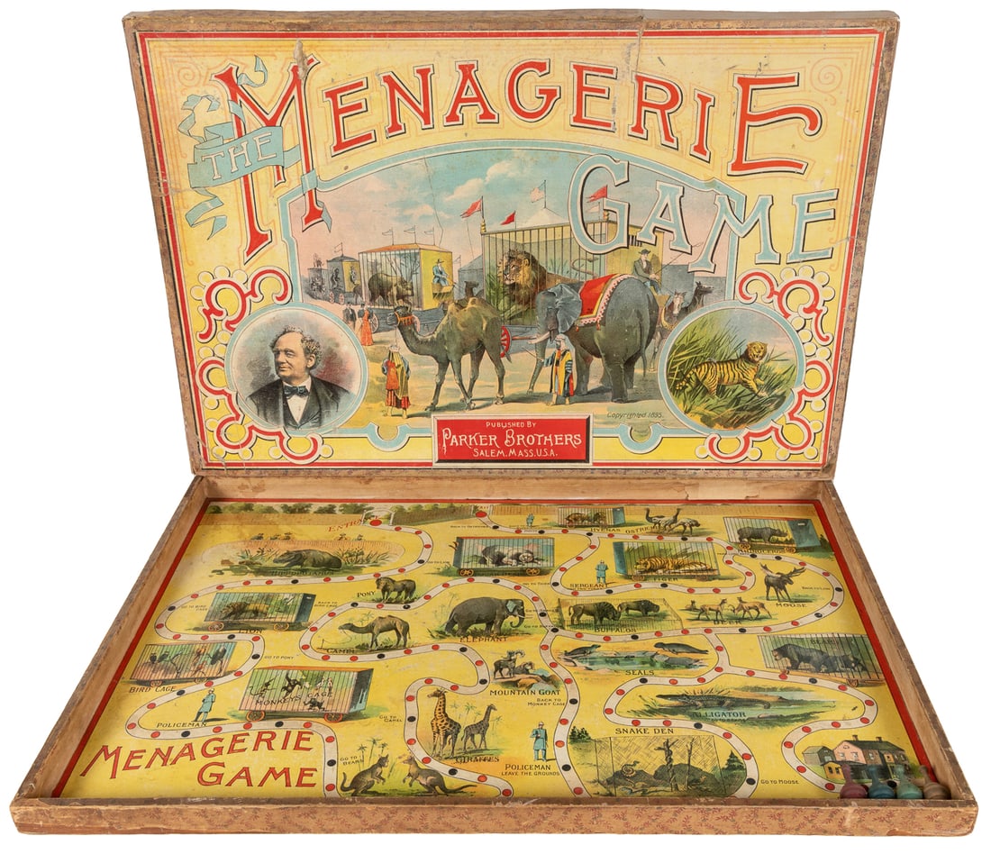 The Menagerie Game. Salem: Parker Brothers, ca. 1895. Color...: The Menagerie Game. Salem: Parker Brothers, ca. 1895. Color-illustrated game board and cover with illustrations of circus wagons and animals; P.T. Barnum portrait on lid. Incomplete, with four game pi