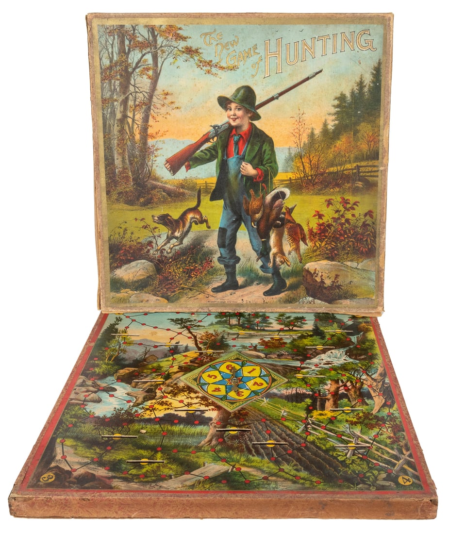 The New Game of Hunting. New York: McLoughlin Bros., ca. 19...: The New Game of Hunting. New York: McLoughlin Bros., ca. 1904. Retains original cover, brightly colored game board, and instructions on the cover underside. Lacks game pieces. Cover with scattered wea