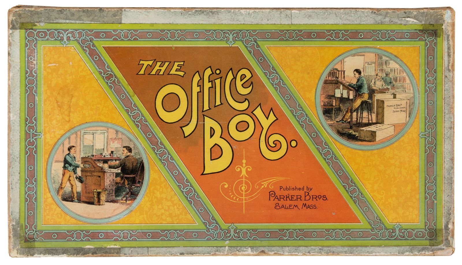 The Office Boy. Salem: Parker Brothers, ca. 1889. Includes ...: The Office Boy. Salem: Parker Brothers, ca. 1889. Includes game board, four cast playing pieces, and spinner all in good to very good condition. Tape repairs to box corners as well as wear to spinner