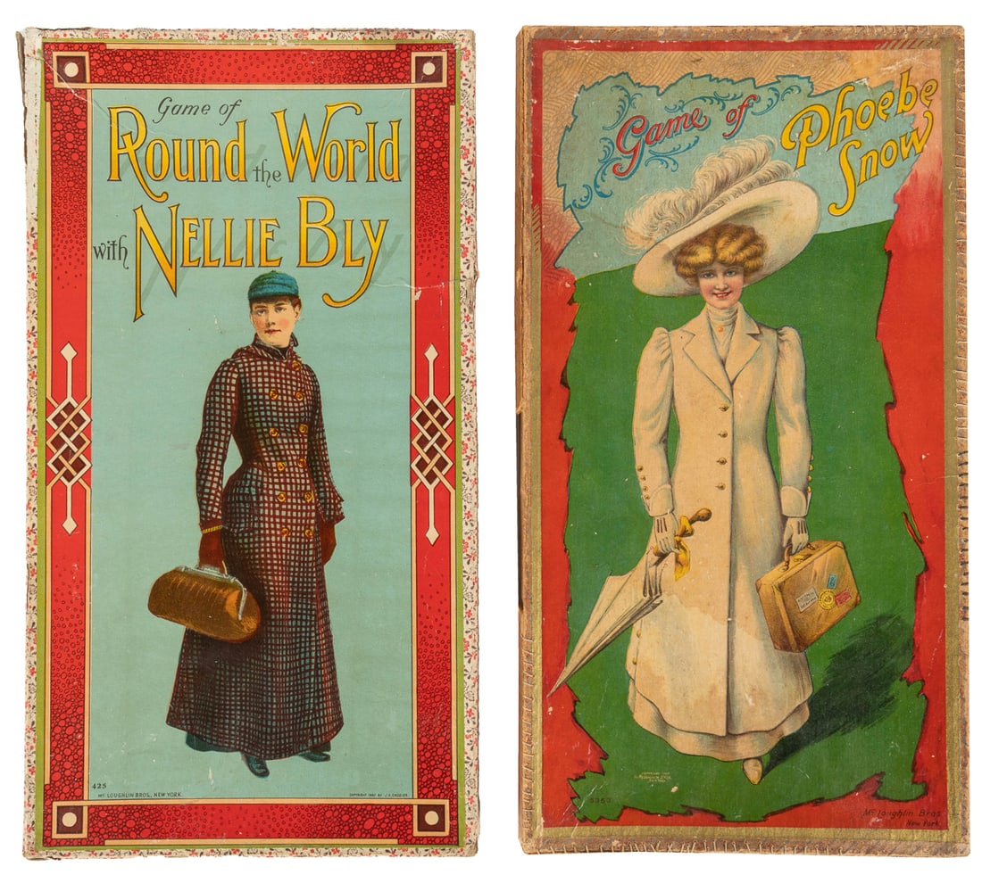 Pair of antique women’s travel games. New York: McLoughlin...: Pair of antique women’s travel games. New York: McLoughlin Bros., ca. 1890/1909. Two McLoughlin titles: A Trip with Phoebe Snow and Game of Round the World with Nellie Bly. Included are original