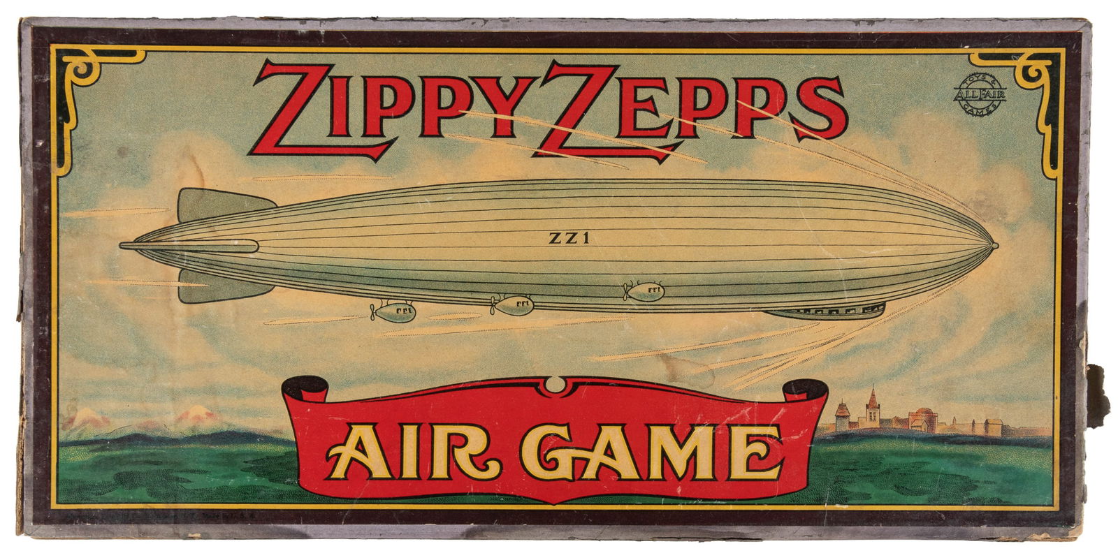 Zippy Zepps Air Game. Rochester: Alderman, Fairchild Co., c...: Zippy Zepps Air Game. Rochester: Alderman, Fairchild Co., ca. 1925. Includes brightly decorated game board, four metal zeppelin game pieces, and stack of cards. Colorful and very clean board in near f