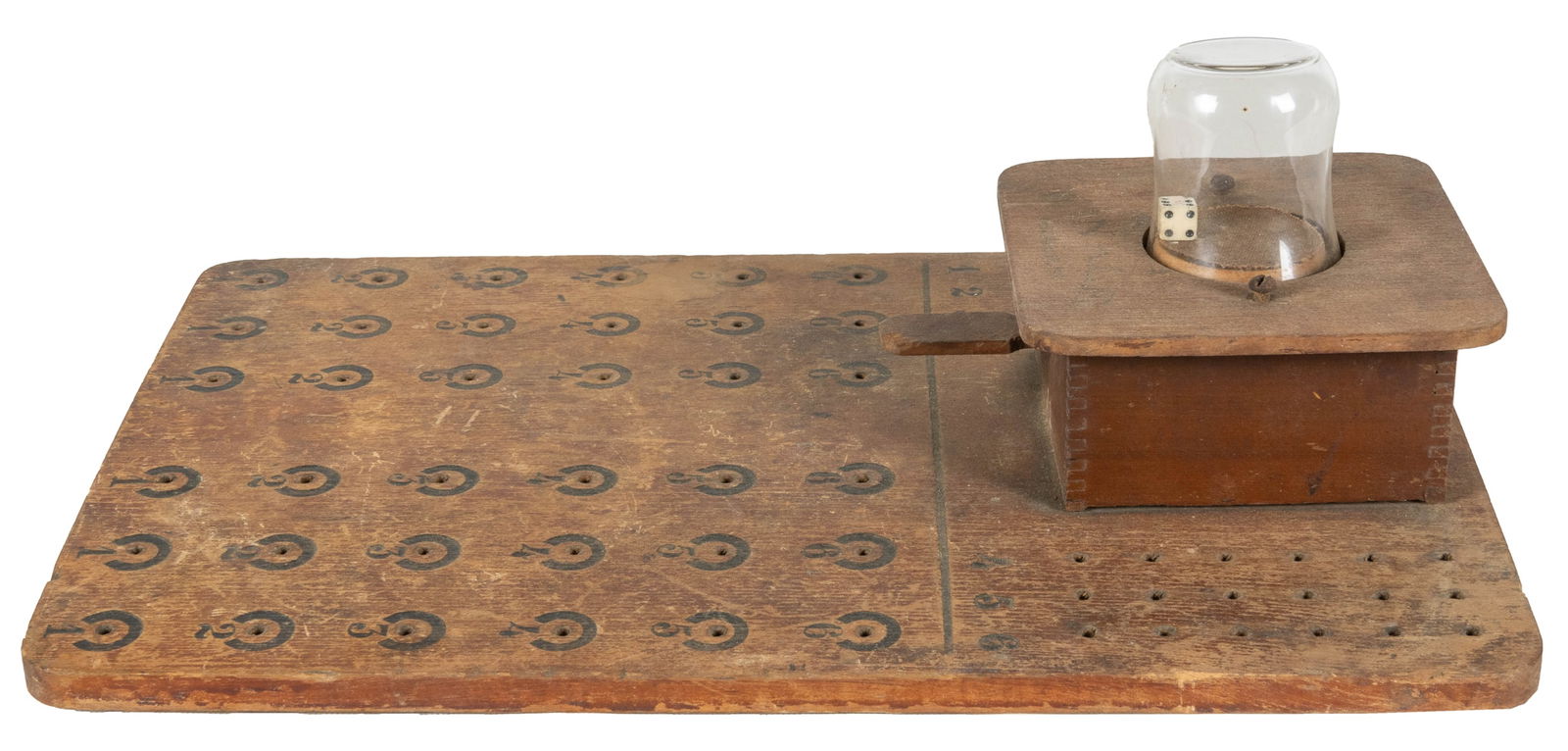 “Winkle” Dice Game. Patent date 1898. Lithographed wooden b...: “Winkle” Dice Game. Patent date 1898. Lithographed wooden board with numbered holes and a glass-domed dice roller mechanism. 15 x 10 x 2 ¾”. Newspaper remnant verso.