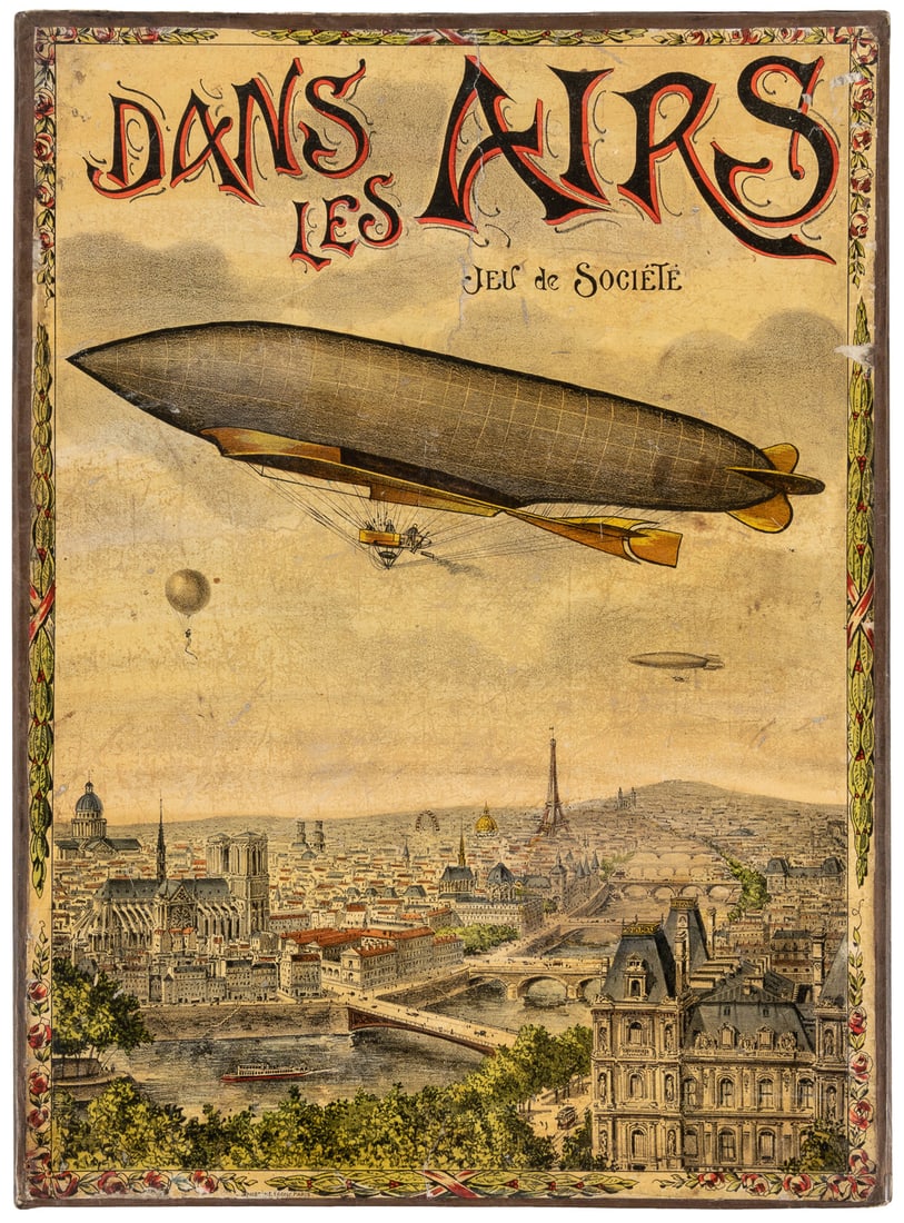 Dans Les Airs: Jeu de Societe. Paris, late 19th century. Bo...: Dans Les Airs: Jeu de Societe. Paris, late 19th century. Board game in original box with chromolithograph label. Game board folded into sections and backed on board. With six zeppelin game pieces (one
