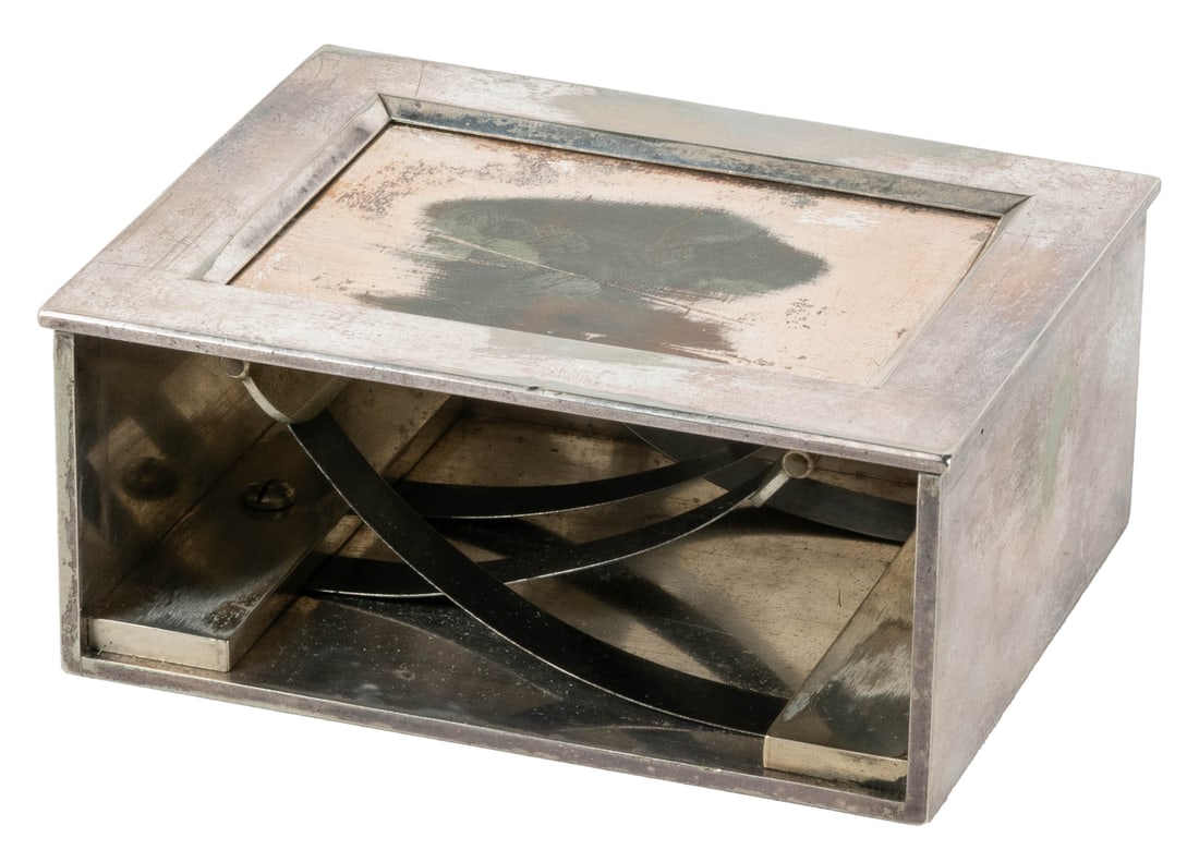 Will & Finck Faro Box. San Francisco: Will & Finck, ca. 189...: Will & Finck Faro Box. San Francisco: Will & Finck, ca. 1890s. German silver dealing box, marked “Will & Finck/S.F. Cal./152.” 4 x 3 1/8 x 1 ¾”. Collection of Tom Blue; with a