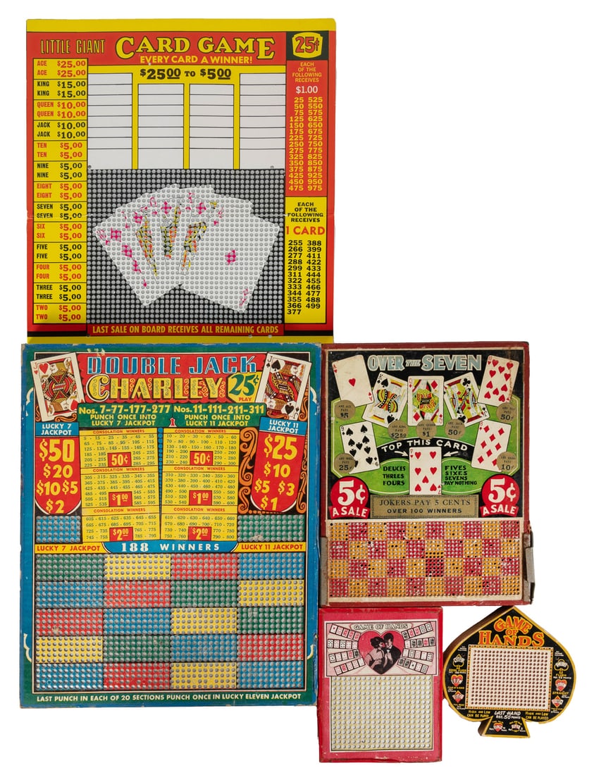 Five Playing Card-Theme Punchboards. Circa 1930s–40s. Group...: Five Playing Card-Theme Punchboards. Circa 1930s–40s. Group of five punchboard lottery games with playing card graphics. Includes Over the Seven, two Game of Hands (one die-cut in spade shape);