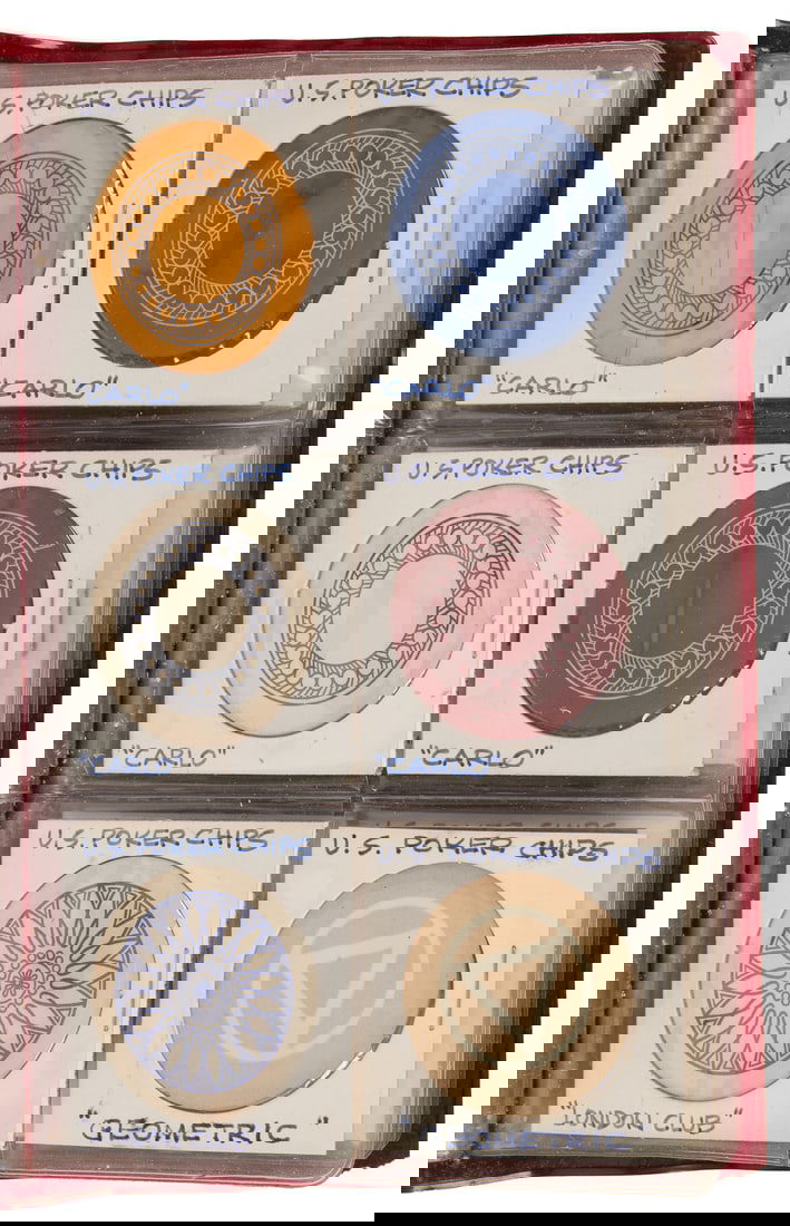 Collection of U.S. Poker Chips. Cincinnati: U.S. Playing Ca...: Cincinnati: U.S. Playing Card Co., early 20th century. Group of 36 “Paranoid” engraved and inlaid poker chips with examples of designs: owl on crescent, the crown, elk, moose, carlo,