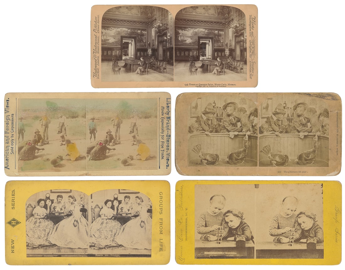 [GAMBLING & GAMES]. Group of 20 Stereoviews. V.p., ca. 1870...: [GAMBLING & GAMES]. Group of 20 Stereoviews. V.p., ca. 1870s- early 1900s. Collection of 20 stereo view photograph cards depicting card games, gambling, and casinos. Includes “The Chicken
