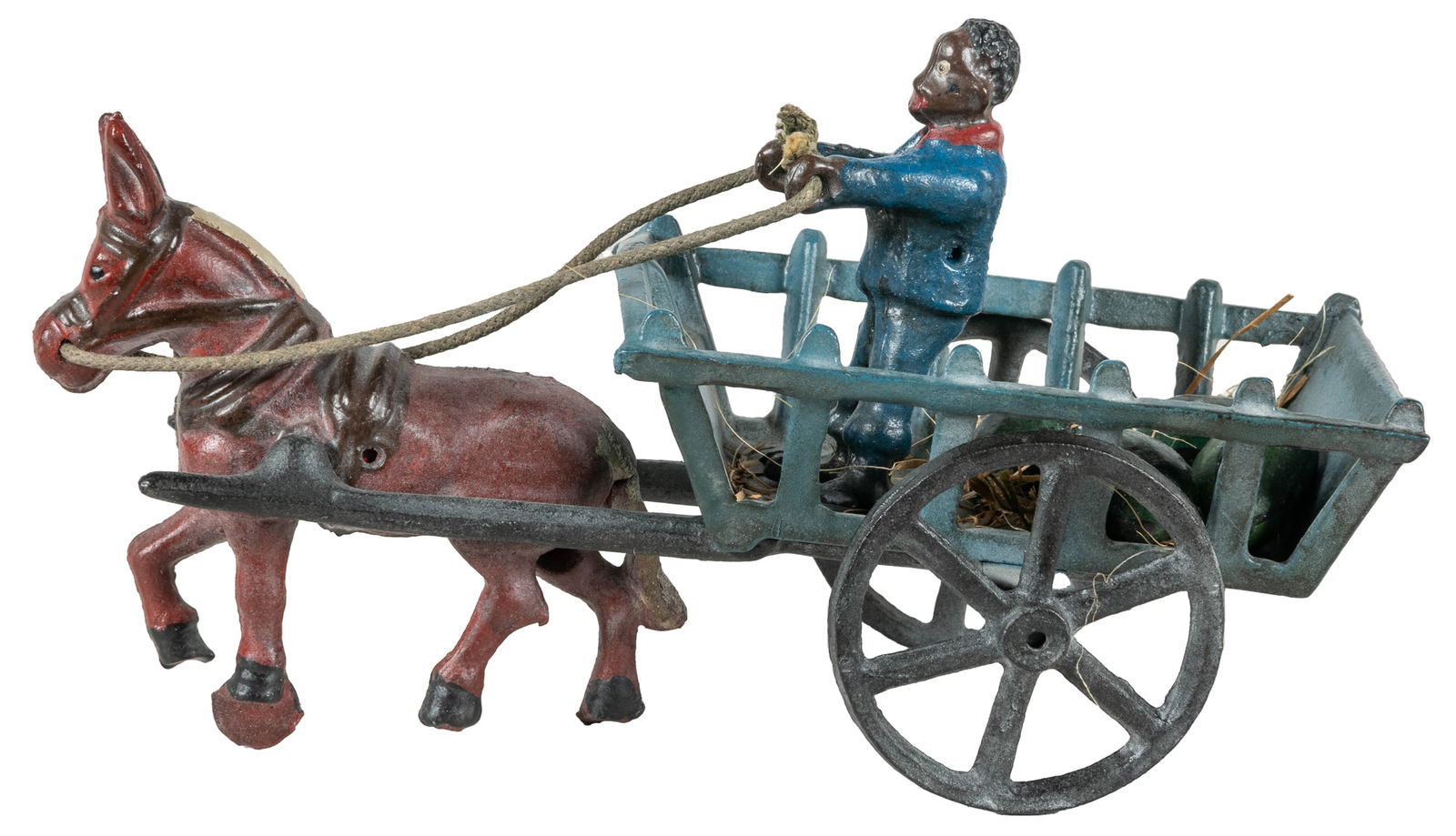 Cast Iron Black Americana Donkey Watermelon Cart. Cast iron...: Cast Iron Black Americana Donkey Watermelon Cart. Cast iron donkey cart with Black driver, and four loose cast iron watermelons in the cart. Length 9”.