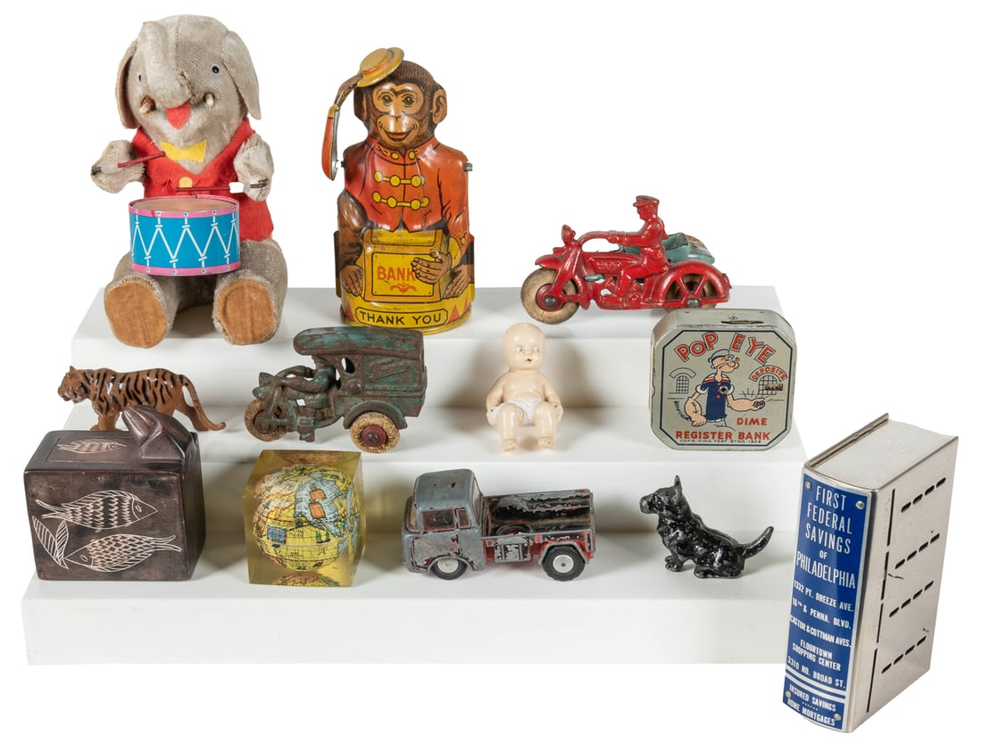 Group of miscellaneous vintage toys, banks, and souvenirs. ... (1 of 1)