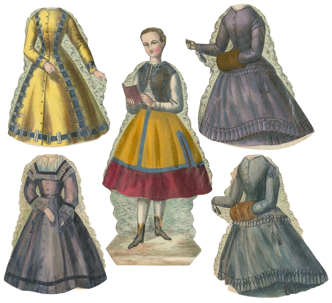 German 9” Paper Doll. Germany, ca. 1860s. Heavy cardboard d...: German 9” Paper Doll. Germany, ca. 1860s. Heavy cardboard doll with five beautifully hand-colored lithograph outfits. Egg wash present for shine. Few creases; overall very good condition.
