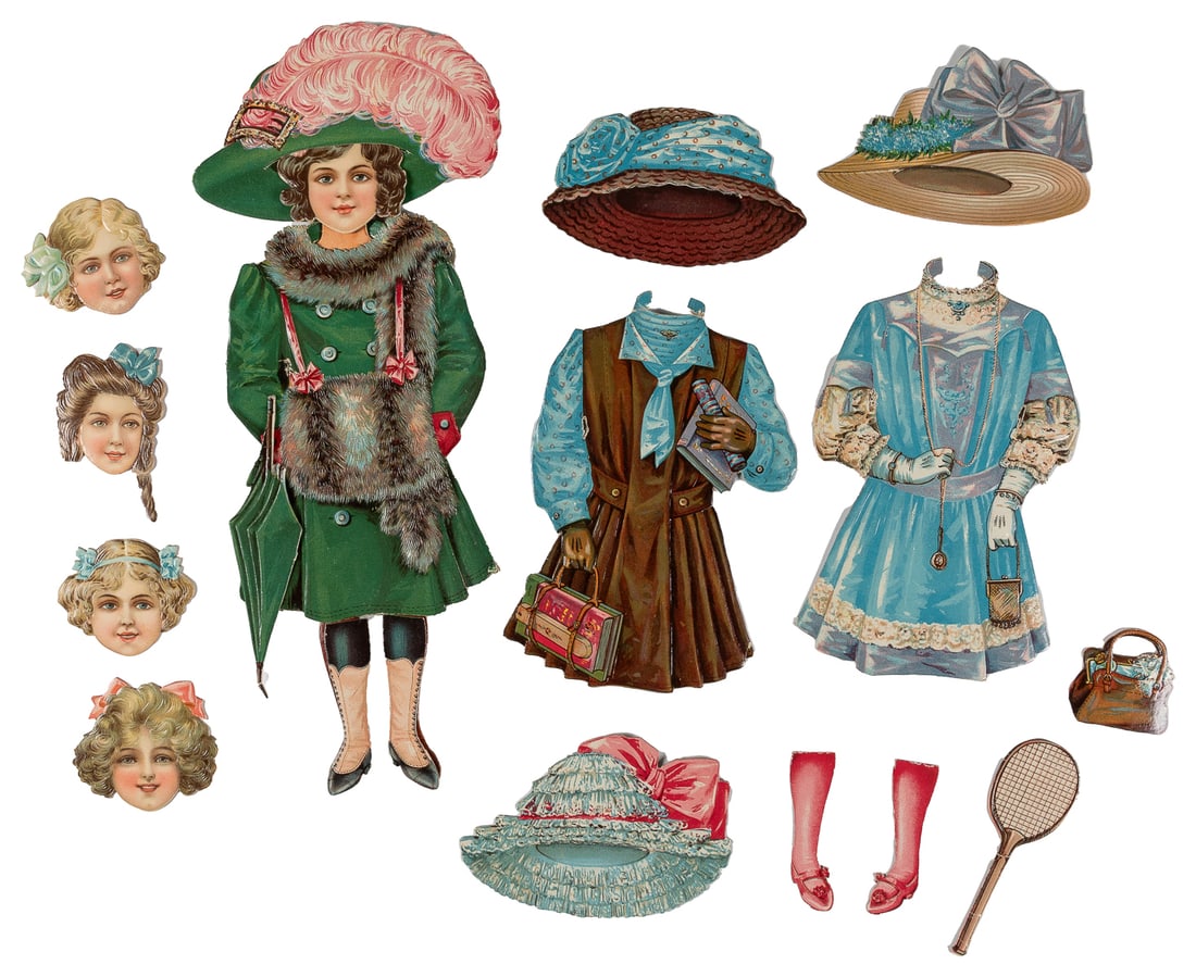English 13” Character Paper Doll. England: J.W. Spears, ca....: English 13” Character Paper Doll. England: J.W. Spears, ca. 1910. Embossed die-cut paper doll with engraved and lithographed costumes. Includes one figure, five interchangeable heads, three
