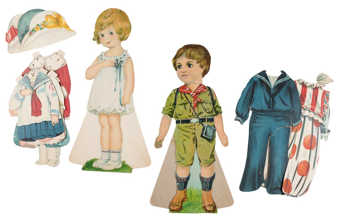 Dolly Dimple and Billy Boy. New York: Hubbell-Leavens, earl...: Dolly Dimple and Billy Boy. New York: Hubbell-Leavens, early 20th Century. Pair of large single-sided dolls with easels to the verso. Dolly Dimple includes three outfits and matching hats;