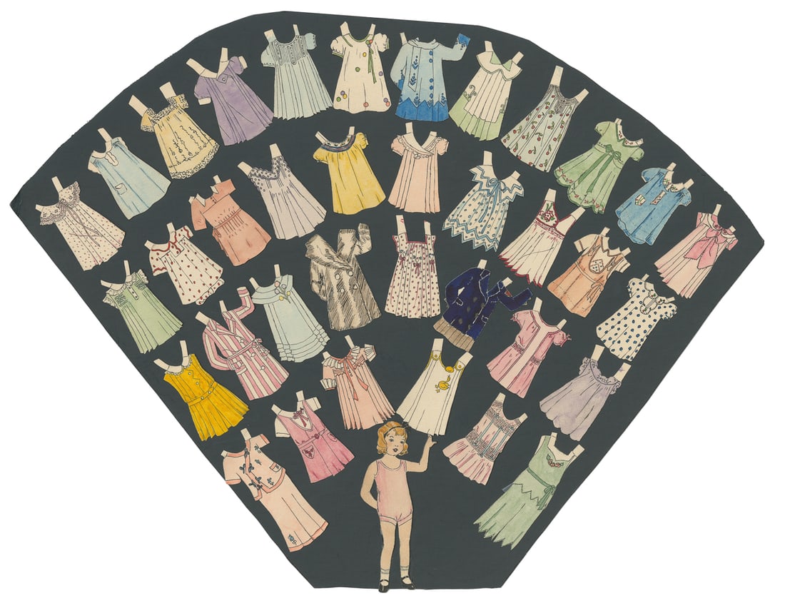 Collection of 9 handmade paper fashion dolls. V.p., 1920s -...: Collection of 9 handmade paper fashion dolls. V.p., 1920s - 1950s. Nine sets, with water-coloring, depicting various women’s hair and clothing fashions spanning the first half of the 20th centur