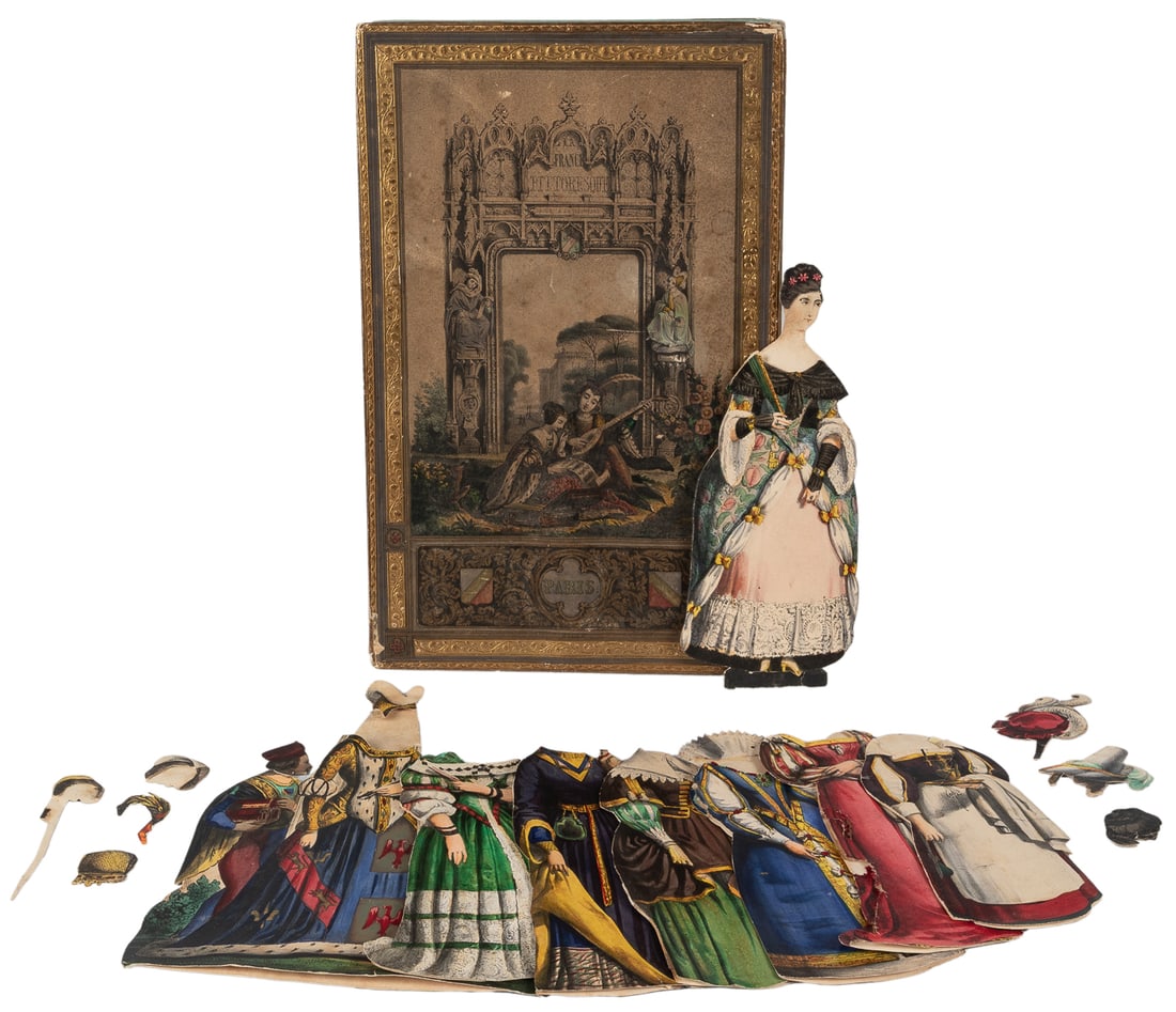 La France Pittoresque. Dédiée à la Jeunesse. Circa 1840s. H...: La France Pittoresque. Dédiée à la Jeunesse. Circa 1840s. Hand-colored lithographed paper dolls. Includes seven slip-over costumes, five headdresses, and a group image featuring two chi