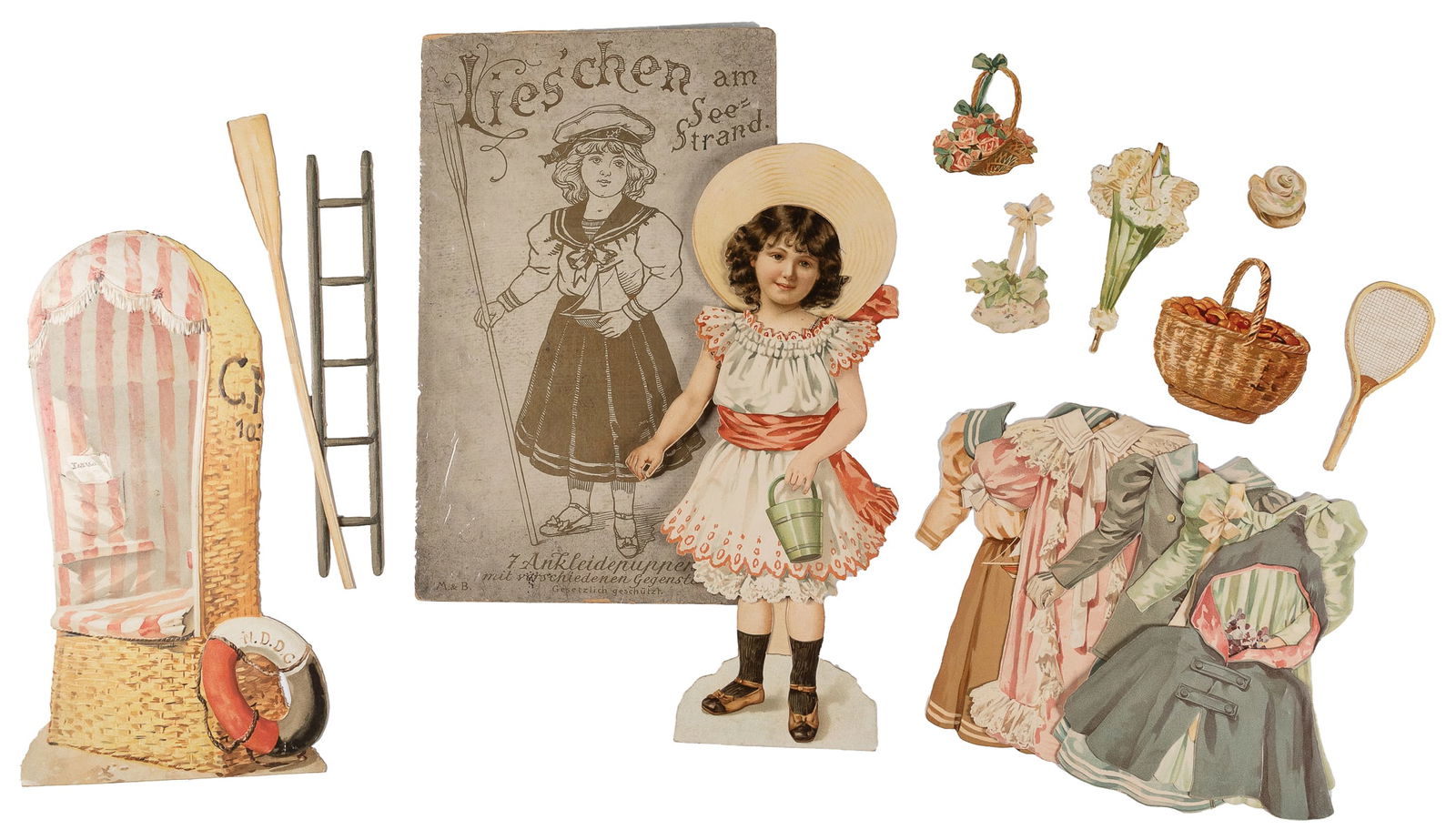 Lieschen am See Strand (Lieschen at the Beach). Germany: M ...: Lieschen am See Strand (Lieschen at the Beach). Germany: M & B, Series 14, ca. 1890s. Embossed die-cut paper doll set. Includes one doll with easel back, five outfits, a beach dressing room backdrop,
