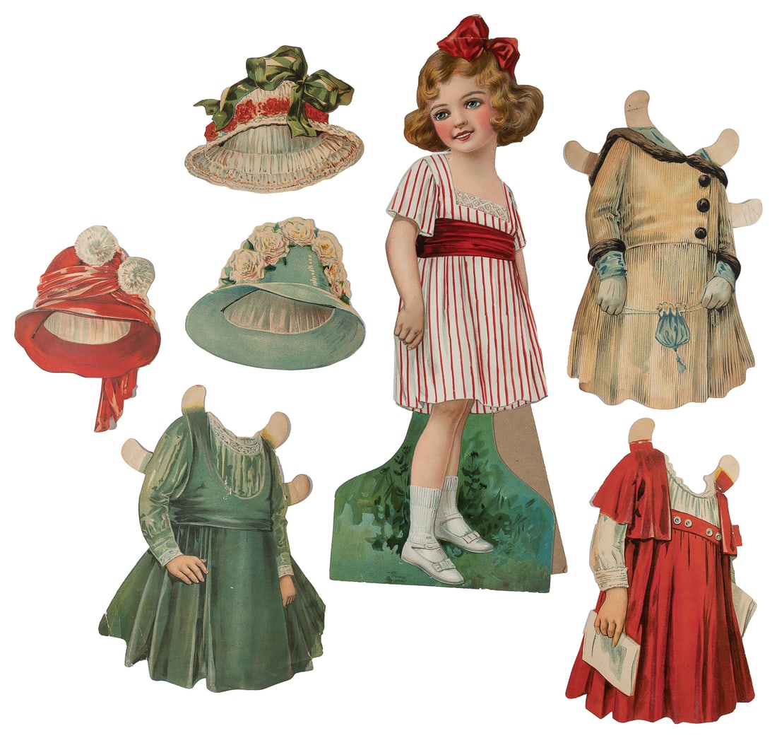 Five Woolworth Paper Dolls. Circa 1910s. Five large single-...: Five Woolworth Paper Dolls. Circa 1910s. Five large single-sided paper dolls, including “Geraldine” (ca. 1916, includes 3 outfits and 2 hats), “Betty” (1916, complete set), 