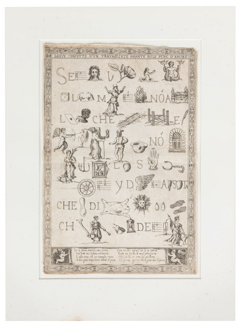 [REBUS]. BRAMBILLA, Ambrogio. Breve concetto d'un travaglia...: [REBUS]. BRAMBILLA, Ambrogio. Breve concetto d'un travagliato amante nele pene d’amore. Italy, ca. late 16th century. Etching. Title along top margin; solution printed in lower scroll held by Cu