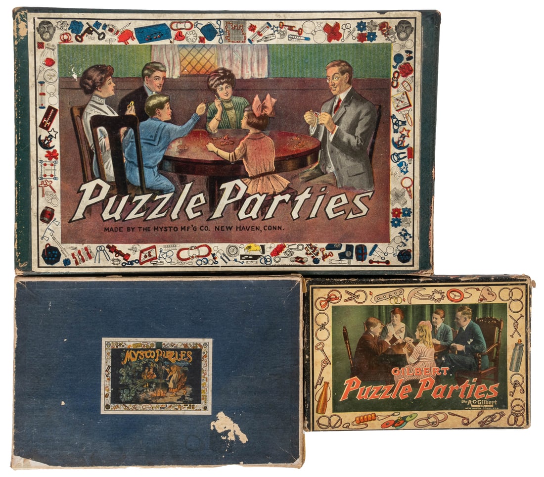 Collection of A.C. Gilbert / Mysto Puzzles. New Haven: Myst...: Collection of A.C. Gilbert / Mysto Puzzles. New Haven: Mysto Mfg. Co. [and] A.C. Gilbert Co., 1920s. Includes: two Gilbert Puzzle Parties Set. One large and one small edition of the game/gift set cont