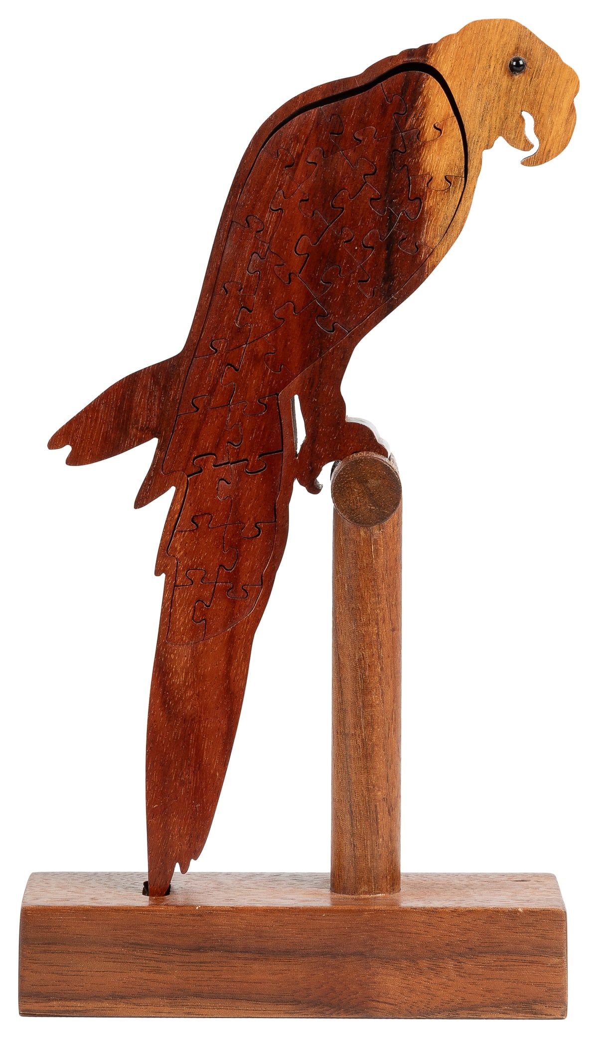 FORSYTHE, Roy (Canadian, 20th century). Parrot. Handcrafted...: FORSYTHE, Roy (Canadian, 20th century). Parrot. Handcrafted two-layer wood jigsaw puzzle sculpture with hard wax finish. Parrot shaped puzzle comprised of two interlocking layers on custom bird perch