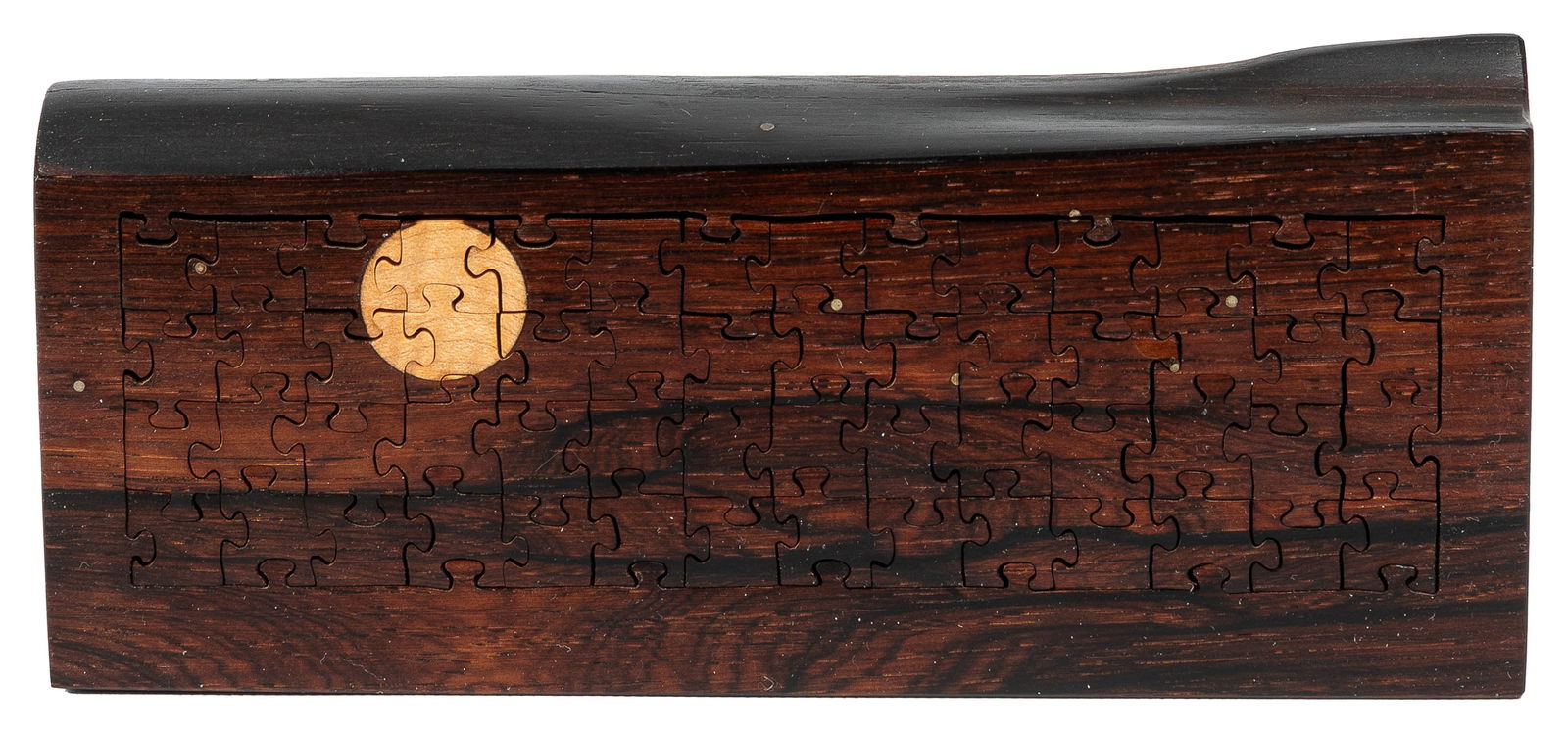 FORSYTHE, Roy (Canadian, 20th century). Desert Moon. Handcr...: FORSYTHE, Roy (Canadian, 20th century). Desert Moon. Handcrafted Mexican Cocobolo and Canadian Maple intarsia wood inlay multi-layer jigsaw puzzle with silver inlay and hard wax finish. Puzzle compris
