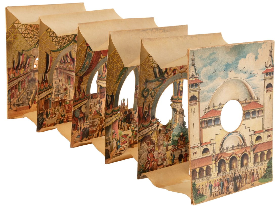 [PEEPSHOW]. Panorama der Berliner Gewerbe-Ausstellung (Pano...: [PEEPSHOW]. Panorama der Berliner Gewerbe-Ausstellung (Panorama of the Berlin Industrial Exhibition). Berlin: Oscar Michaelis, printed by S. Schottlaender, Breslau, ca. 1896. Color lithographed a