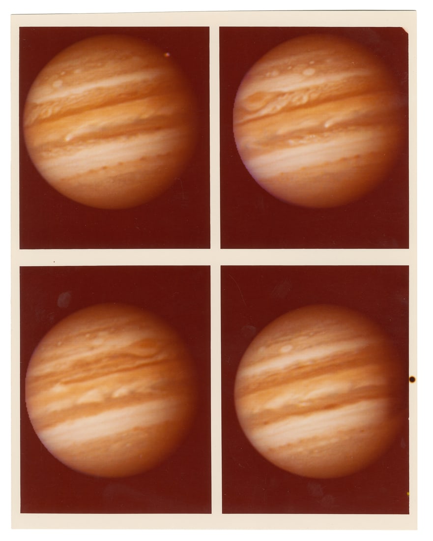 Early Voyager 1 Photos of Jupiter. Circa 1978/79. : [NASA/JPL]. Early Voyager 1 Photos of Jupiter. Circa 1978/79. Chromogenic print on Kodak paper (The Paper Manufactured by Kodak" watermark verso). Set of four images taken by Voyager 1 on Dec 10 and 1