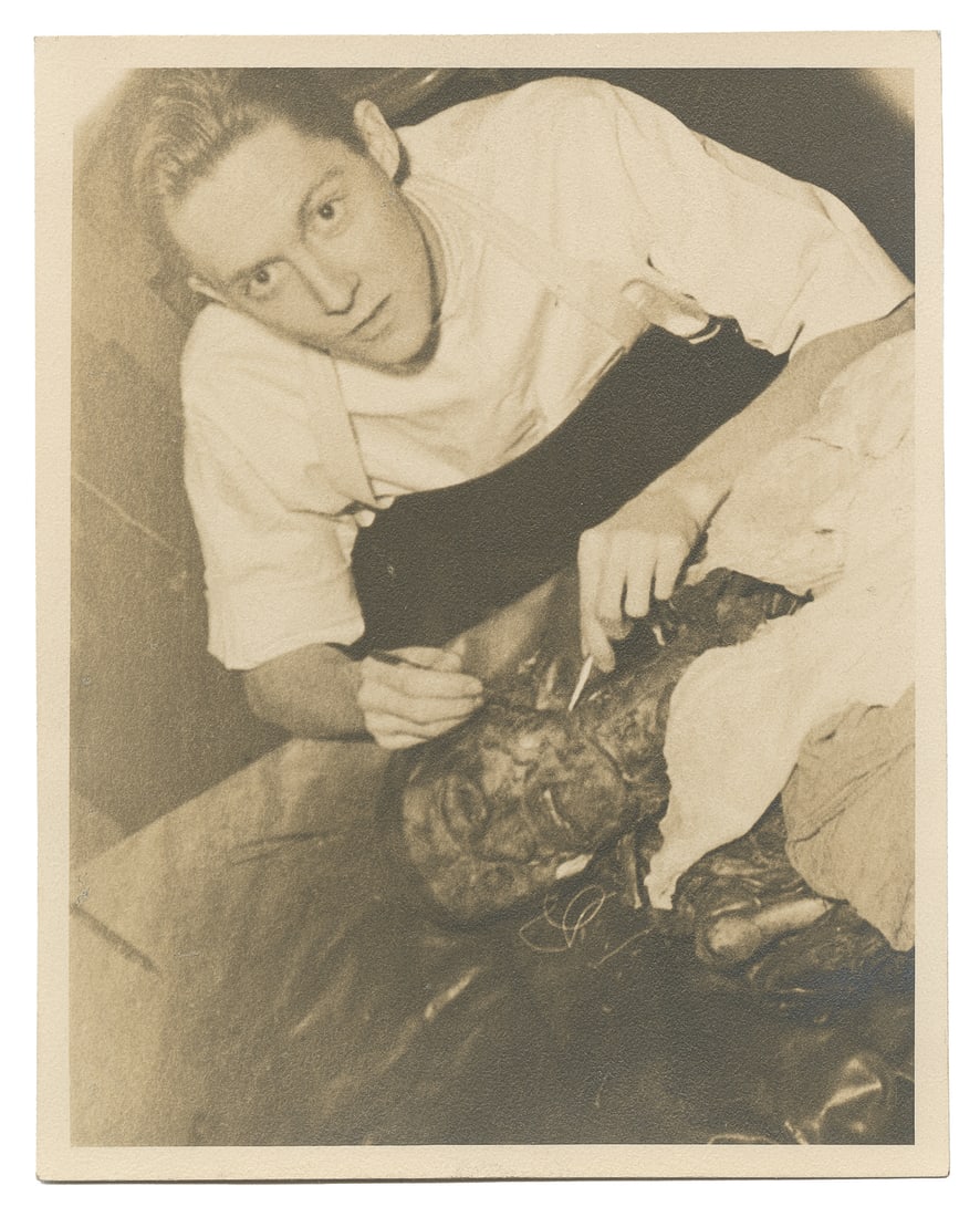 [MEDICINE]. Snapshot of student with cadaver.: [MEDICINE]. Snapshot of student with cadaver. Mid-20th century. 3 3/4 x 5".